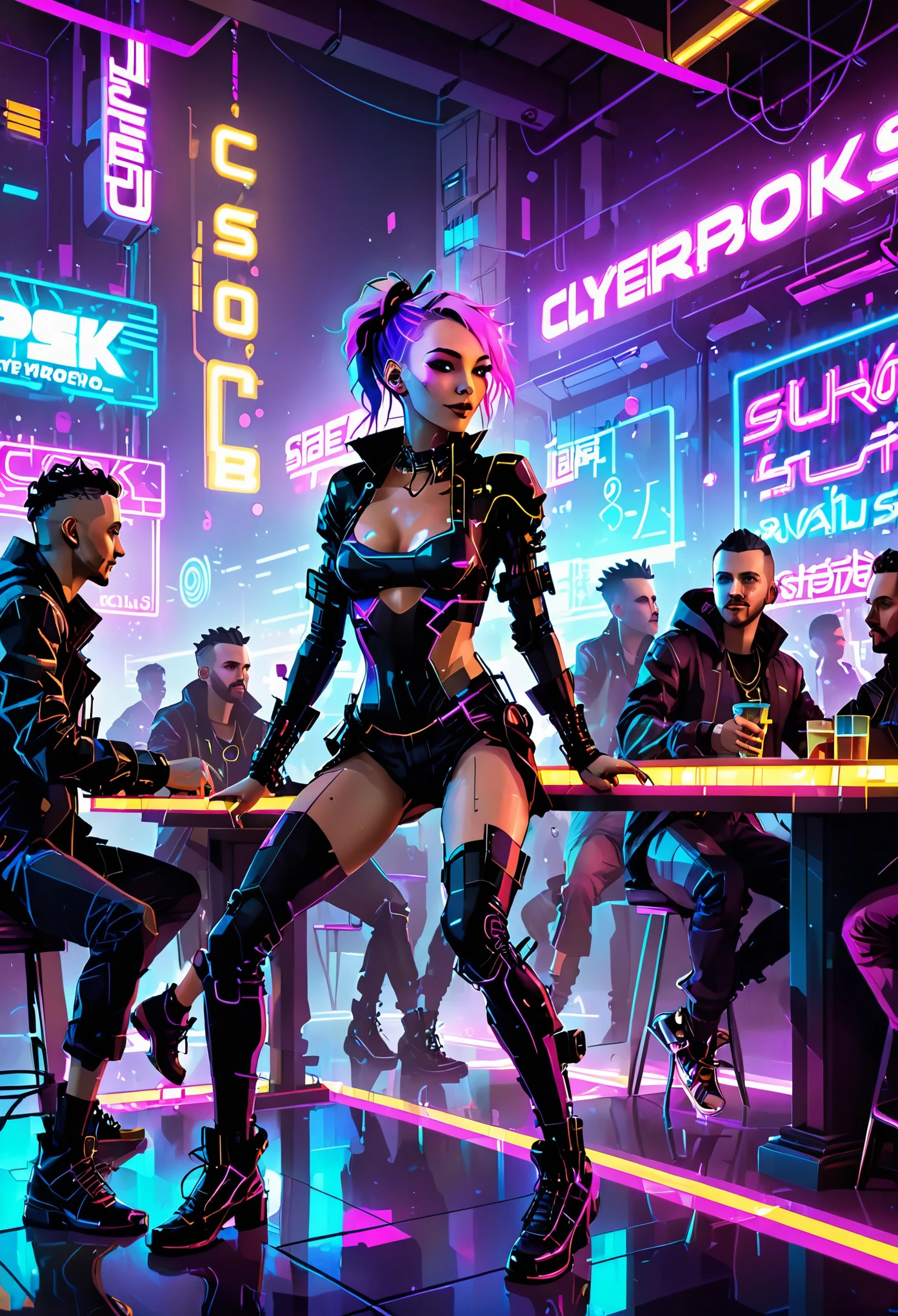 ultra detailed, (cyberpunk friends: 1.4, in a discotheque: 1.4, sitting at a table enjoying with friends, in the background people dancing and having fun, disco lights, dark environment, with monitors and neon lights everywhere: 1.4), (absolute darkness: 1.6, neon light: 1.5), (cyberpunk: 1.3), (ultra detailed and beautiful: 1.3), ((Best quality)), ((Masterpiece)), (highly detailed: 1.3) , 3D, beautiful, luminous particles:1.4, 32k