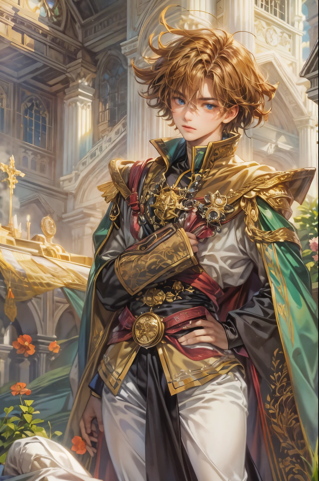 ((Best quality)), ((masterpiece)), (detailed), ((perfect face)), ((halfbody)) handsome face, male, boy, perfect proportions , a character from anime legend of mana teardrop crystal, brown short hair, male version , peaceful church of domina scene, detailed church of domina background, detailed ghibli scenery background
