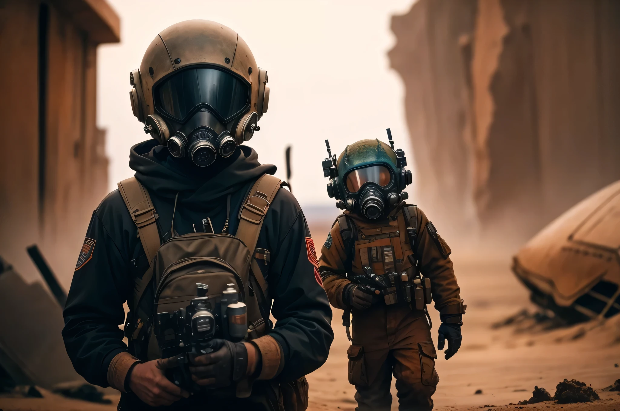 A small alien wearing a gas mask、stand in front of a wrecked vehicle. The stage is a landscape of sand dunes, Reminds me of movie stills "dunes 2020". Alien has a reptilian appearance with evil features, Looks like an evil astronaut from a science fiction movie. Prompts should capture the highest quality and level of detail, 4K or 8K resolution and realistic, photorealistic style. Lighting should have an atmosphere, emphasize the dark and mysterious nature of the scene.