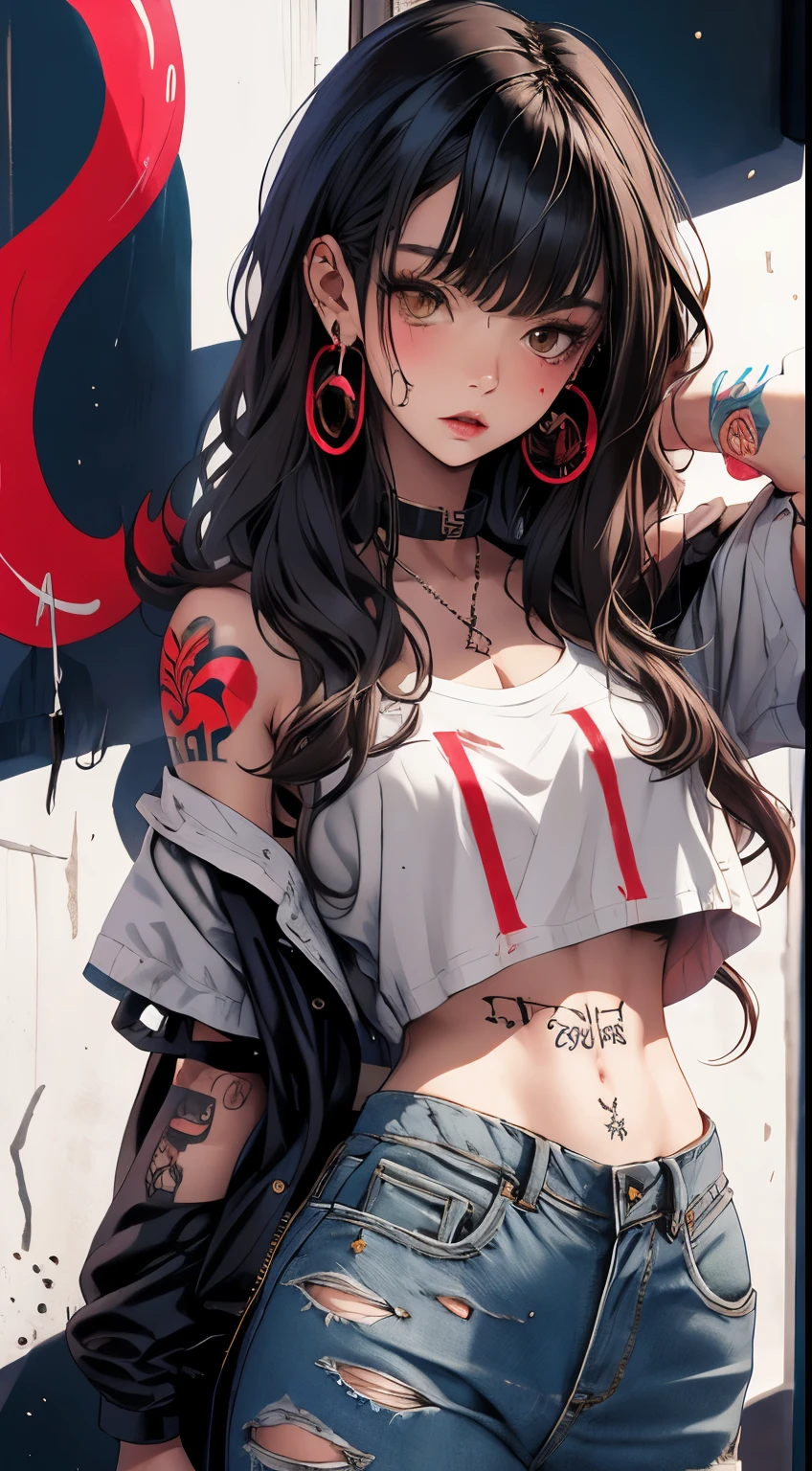 masterpiece, highest quality, pixiv, cool girl, the strongest pirate girl, topless, lips in love, dark brown hair, curly hair, dull bangs, straight bangs, gray eyes, white skin, gal, Improve, graffiti style, cool, baddie, badgirl, tattoo, wearing red binnie