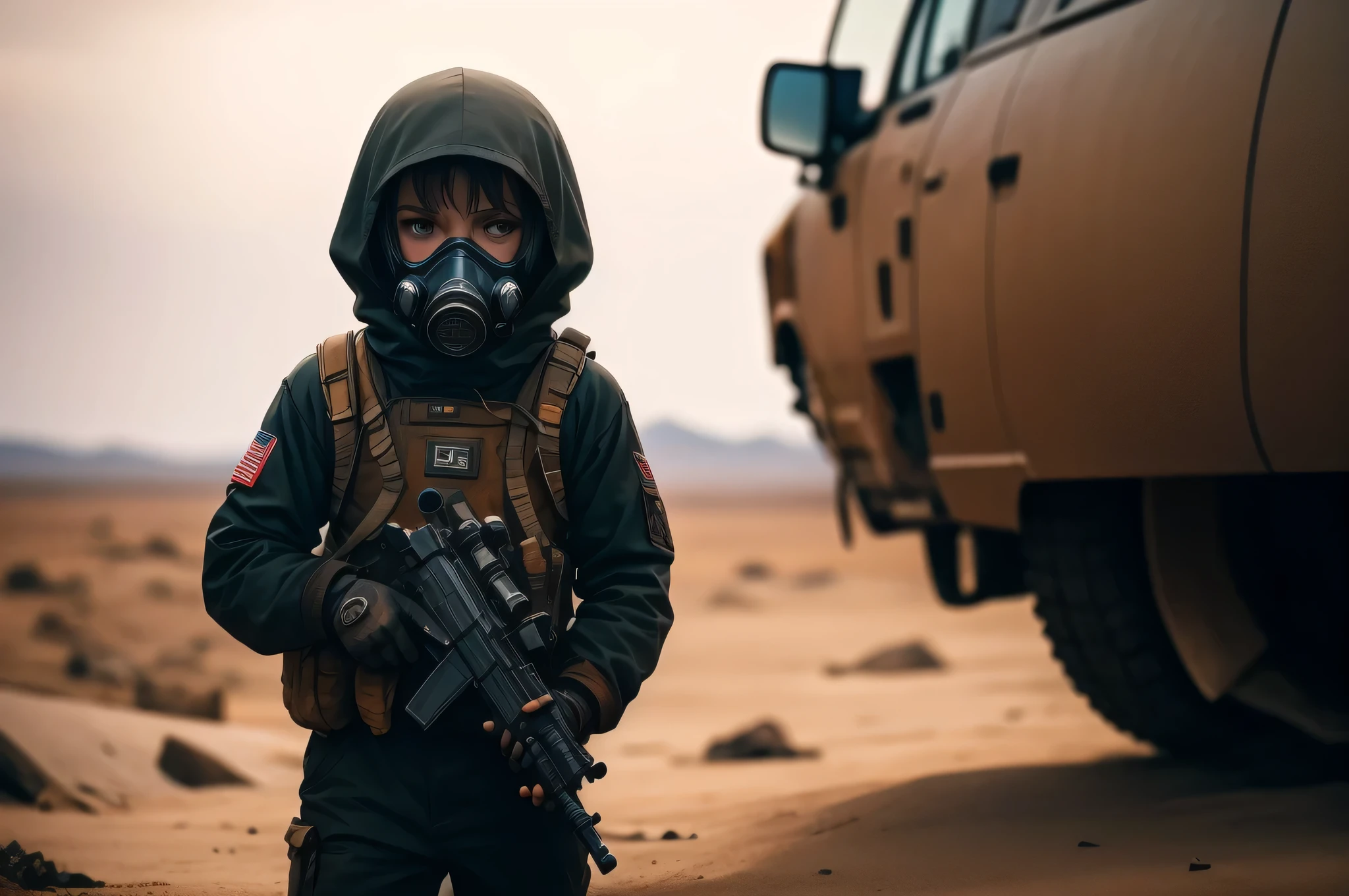 A small alien wearing a gas mask、stand in front of a wrecked vehicle. The stage is a landscape of sand dunes, Reminds me of movie stills "dunes 2020". Alien has a reptilian appearance with evil features, Looks like an evil astronaut from a science fiction movie. Prompts should capture the highest quality and level of detail, 4K or 8K resolution and realistic, photorealistic style. Lighting should have an atmosphere, emphasize the dark and mysterious nature of the scene.