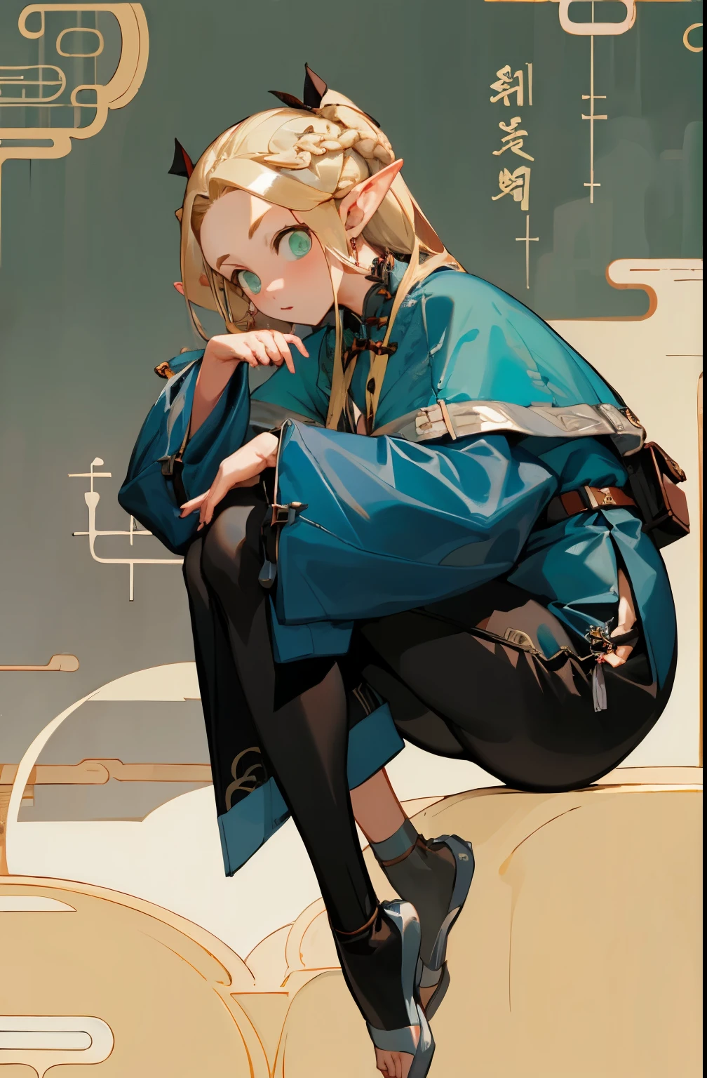 (masterpiece, best quality) detailed, Wearing black leggings, silver accessories , zipper unzipped , blonde ,elegant, pointed ears ,Chinese style,Hanfu