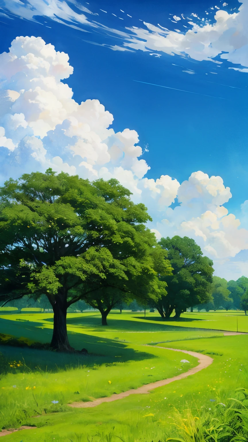 Realistic, authentic, beautiful and amazing landscape oil painting Studio Ghibli Hayao Miyazaki's petal grassland with blue sky and white clouds --v6