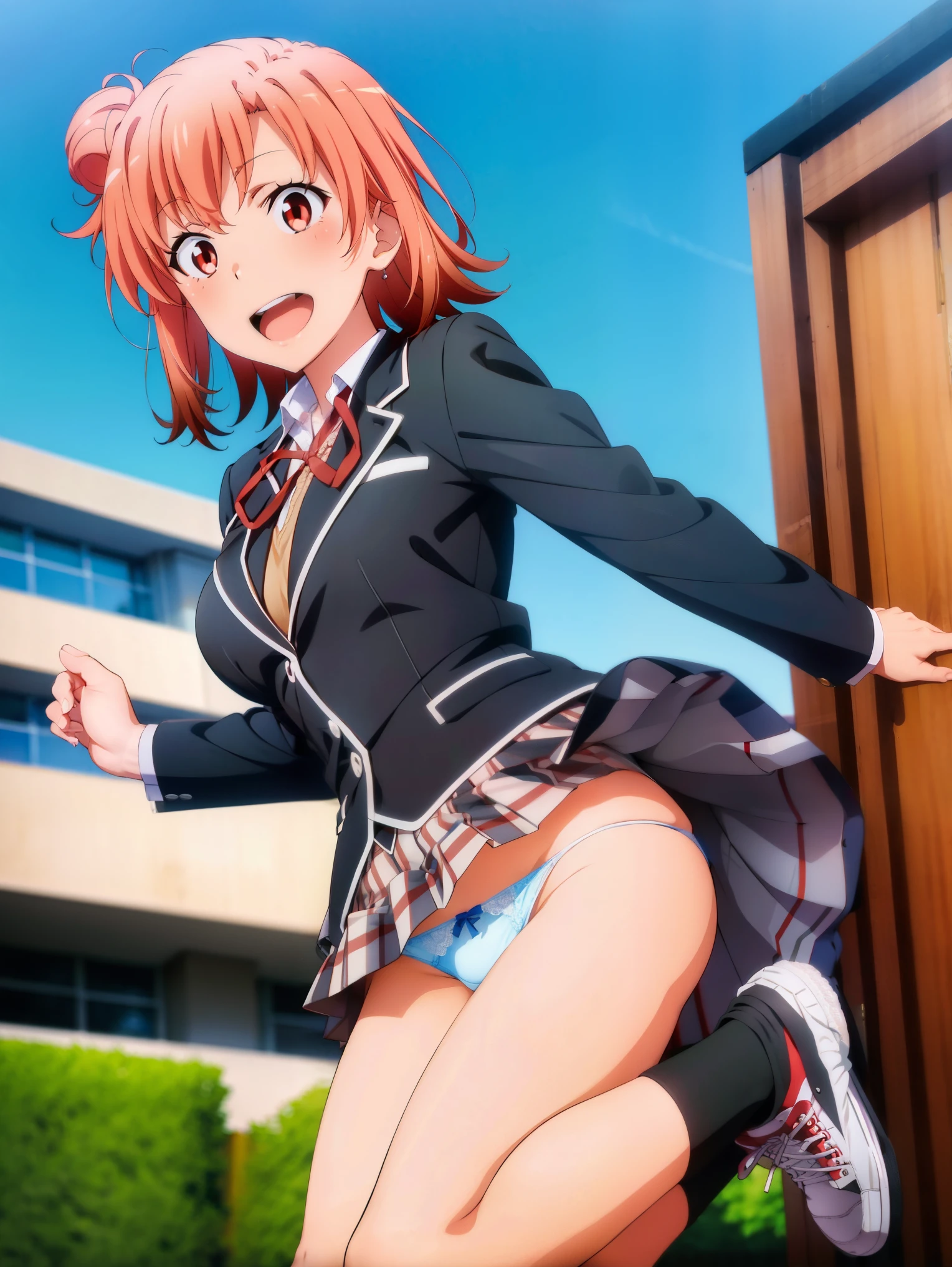 1 girl,playground,(Yuigahama Yui),big breasts,jump,open mouth smile,(whole body:1,0),Low - Angle,Wearing sneakers,uniform,black blazer,shirt,red ribbon,check skirt,socks,(Pussy cameltoe:1.0),(white lace panties),