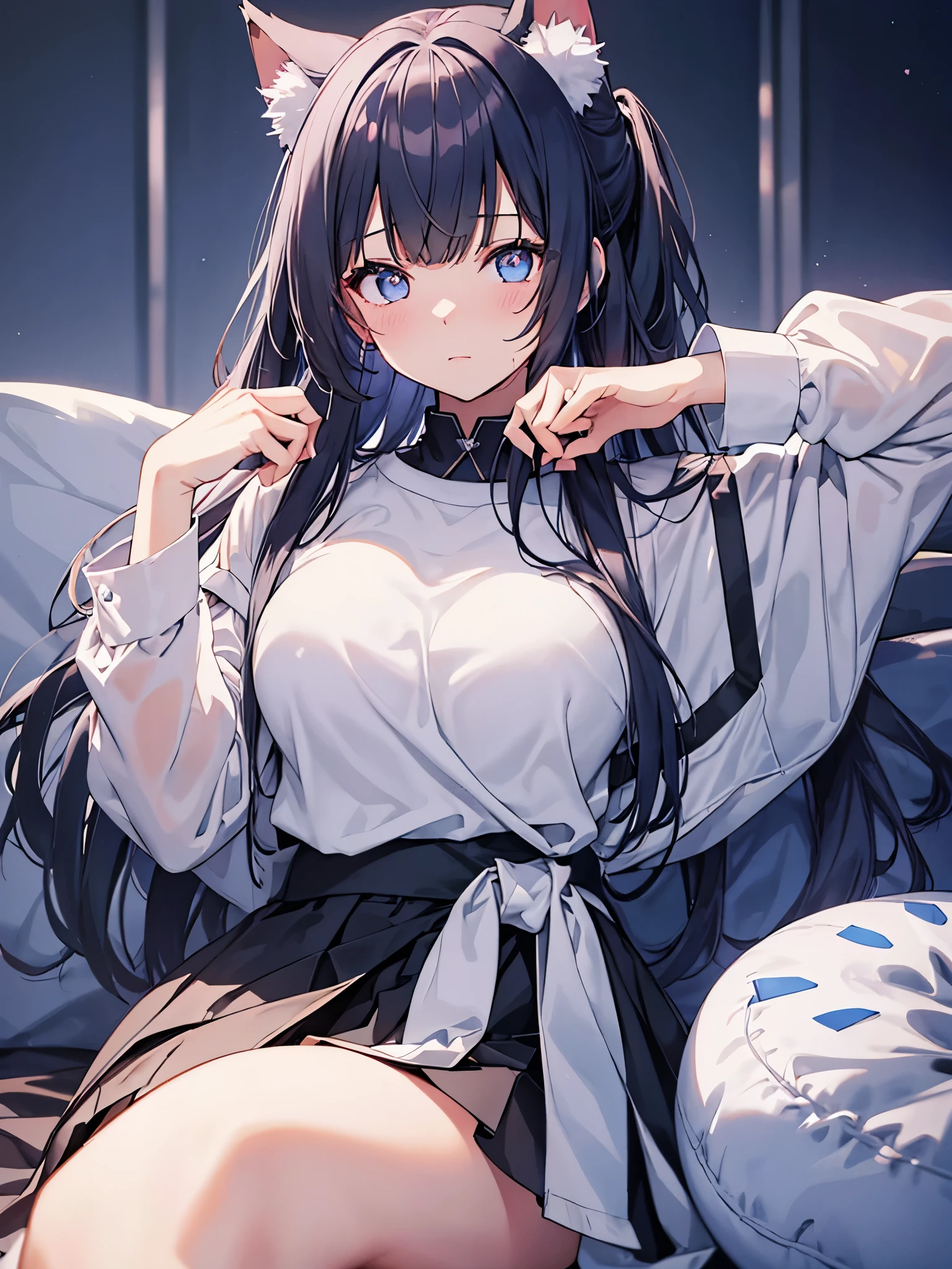 ((masterpiece))、((highest quality))、((super resolution))、(very beautiful and detailed)、official art、Virtual YouTuber、8K、very CG、game CG、icon、wallpaper、sharp focus、Written in depth、Very simple background、Smooth anime CG art、azur lane style、girls front line style、cute girl anime visual、photo shoot:1.55、Less exposure of the body:1.3、close to the viewer:1.3、view audience、The straight line distance between her and the viewer is 40 cm.)、Light from above at an angle、soft light、one person:1.3、solo:1.3、tall、young woman、 Ideal body shape、perfect waist、big breasts、Bust 87、white skin、bright makeup、Wolf ears、high ponytail、dark blue hair、hair that shines in natural light、messy hair、Ahoge、long eyelashes、clear light blue eyes、shining eyes、glowing eyes、heart_eyes、Cardioid eyes、heart shaped contacts、gray theme、simple white t-shirt、unbranded shirt、It was shiny、size doesn&#39;t fit、He wears an oversized T-shirt that extends from his shoulders to his waist.:2.0、skirt、belt、No bra、No panties、No underwear、barefoot、blush、sexual excitement、It&#39;s a little hard to breathe、spoiled 、shyness、wet、Stuffy、Sexy、So cute、Confident、provocation、relaxed、sitting on a very large soft cushion