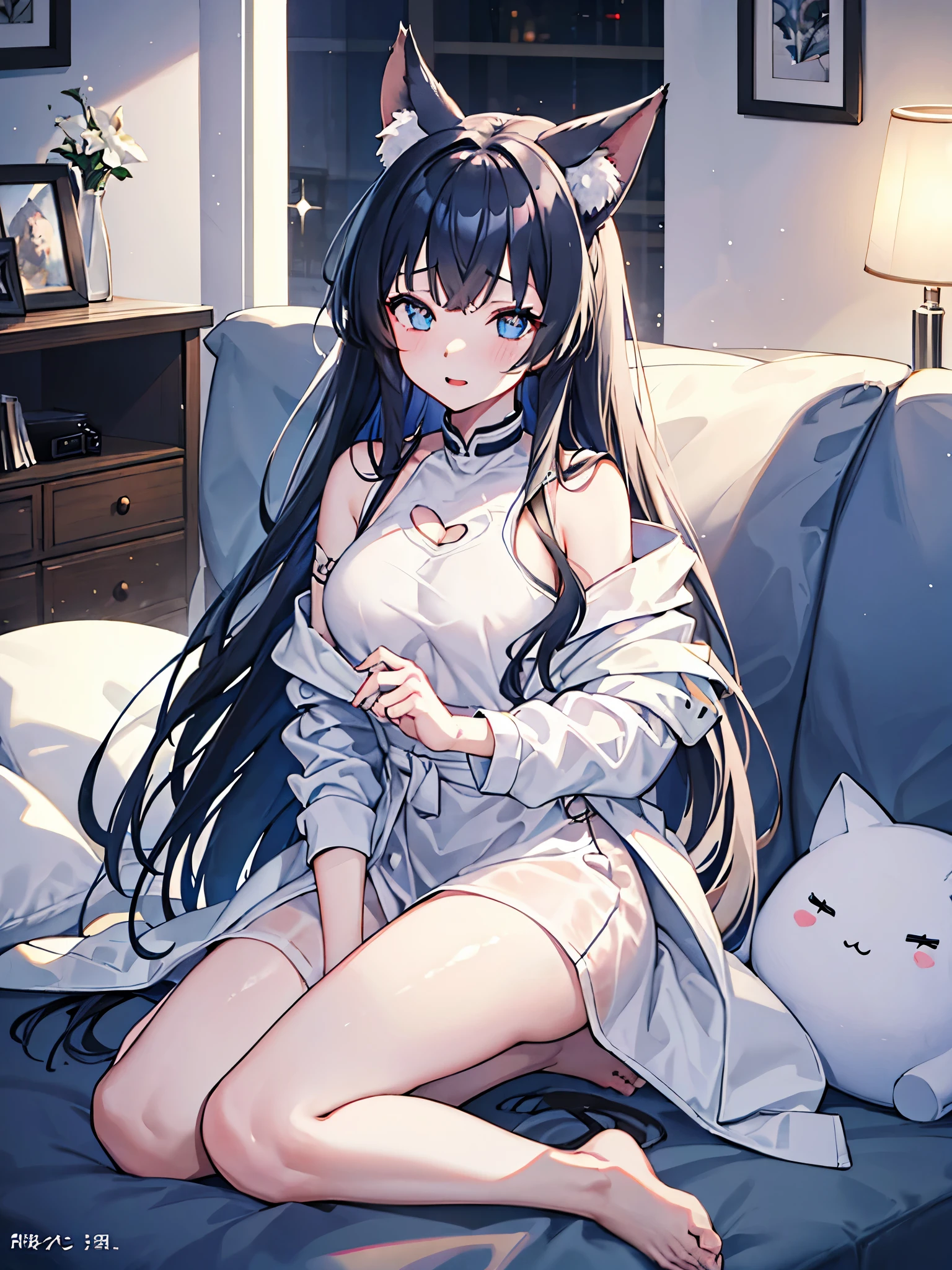 ((masterpiece))、((highest quality))、((super resolution))、(very beautiful and detailed)、official art、Virtual YouTuber、8K、very CG、game CG、icon、wallpaper、sharp focus、Written in depth、Very simple background、Smooth anime CG art、azur lane style、girls front line style、cute girl anime visual、photo shoot:1.55、Less exposure of the body:1.3、close to the viewer:1.3、view audience、The straight line distance between her and the viewer is 40 cm.)、Light from above at an angle、soft light、one person:1.3、solo:1.3、tall、young woman、 Ideal body shape、perfect waist、big breasts、Bust 87、white skin、bright makeup、Wolf ears、high ponytail、dark blue hair、hair that shines in natural light、messy hair、Ahoge、clear light blue eyes、shining eyes、glowing eyes、heart shaped contacts、gray theme、simple white t-shirt、unbranded shirt、It was shiny、size doesn&#39;t fit、He wears an oversized T-shirt that extends from his shoulders to his waist.:2.0、No bra、No panties、No underwear、barefoot、blush、sexual excitement、It&#39;s a little hard to breathe、spoiled 、a little shy、wet、Stuffy、Sexy、So cute、Confident、provocation、relaxed、Calm、sitting on a very large soft cushion