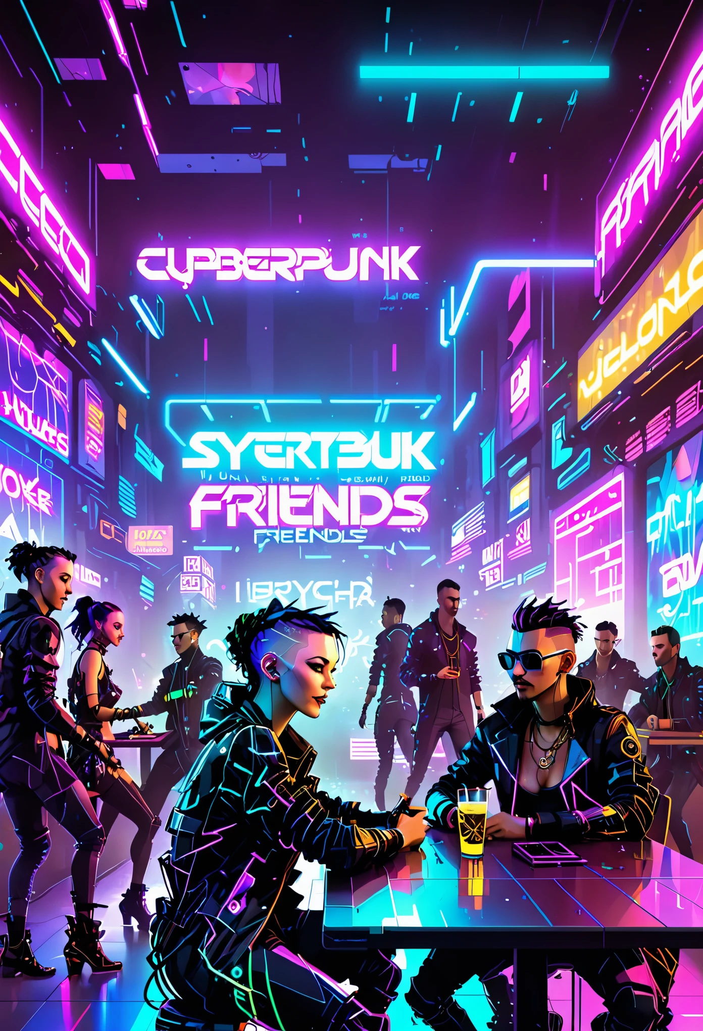 ultra detailed, (cyberpunk friends: 1.4, in a discotheque: 1.4, sitting at a table enjoying with friends, in the background people dancing and having fun, disco lights, dark environment, with monitors and neon lights everywhere: 1.4), (absolute darkness: 1.6, neon light: 1.5), (cyberpunk: 1.3), (ultra detailed and beautiful: 1.3), ((Best quality)), ((Masterpiece)), (highly detailed: 1.3) , 3D, beautiful, luminous particles:1.4, 32k