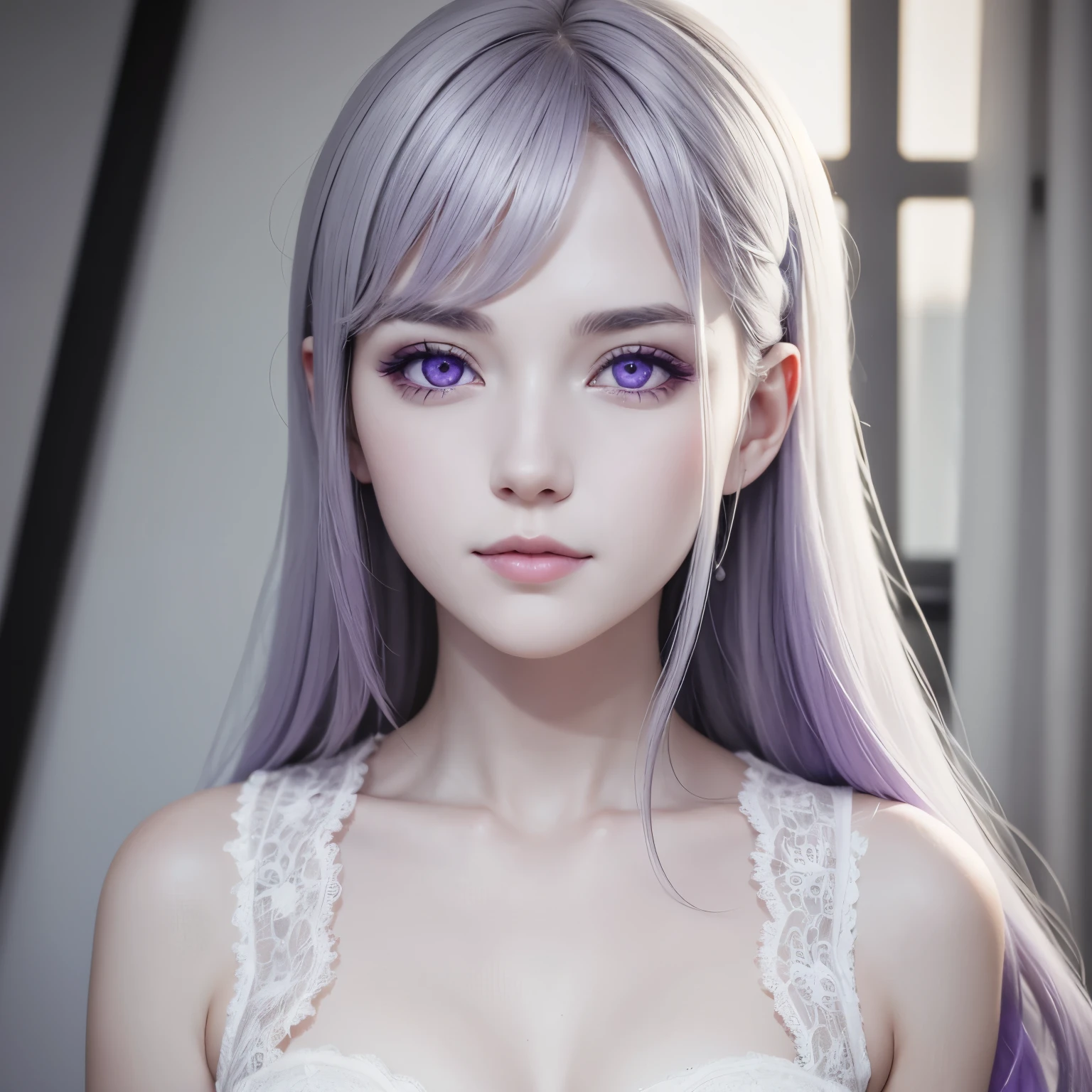 Woman with greyish white, purple eyes, very white skin