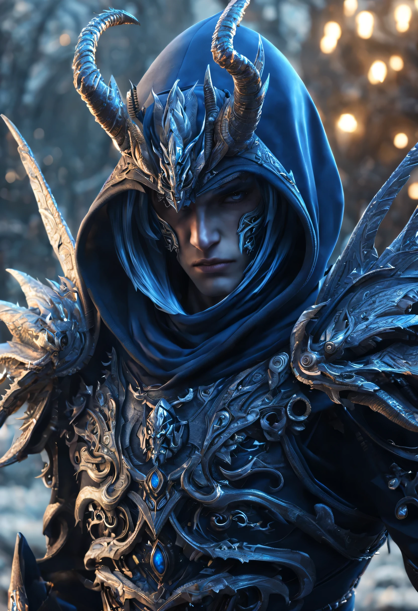 standing near a dragon is a gorgeous anime Half elf rogue male thai model with a black and deep blue hood outfit, highly detailed steampunk, eterochrome blue eyes, scars on the cheek Cyber eyes dark elf fighting a huge elven saddled armored dragon, dark demonic environment, highly detailed, unreal engine 5, battle field standing