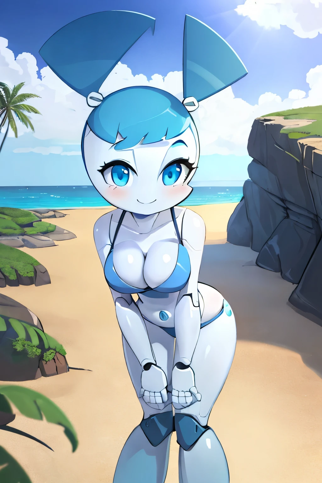 masterpiece, best quality, highres,  beautiful and detailed portrait of jenny wakeman, sexy, seductive, smile, blue eyes, bending down, standing at the beach, cleavage, white metallic robotic skin, robot joints, 