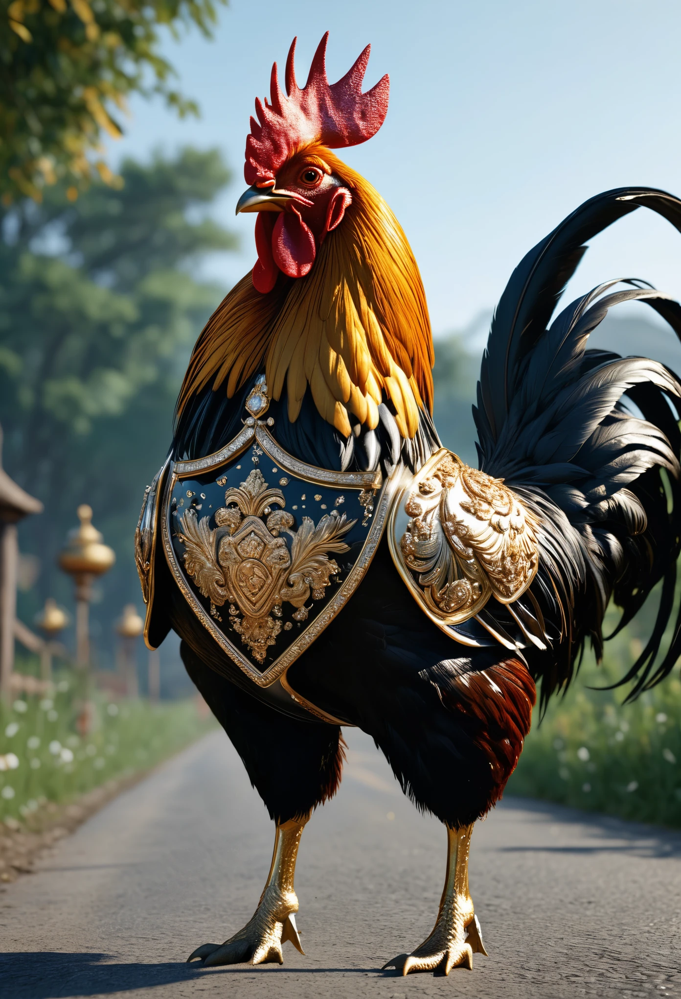 Extremely realistic, ultra detailed, 8K, Highly Resolution, professional photography art, crowned rooster, wearing gold armor engraved with intricate motifs with lots of diamonds, wearing glasses, swinging a sword, riding a horse, small country road, full body exposed photo, full body shot, very realistic photo, looks detailed and very realistic