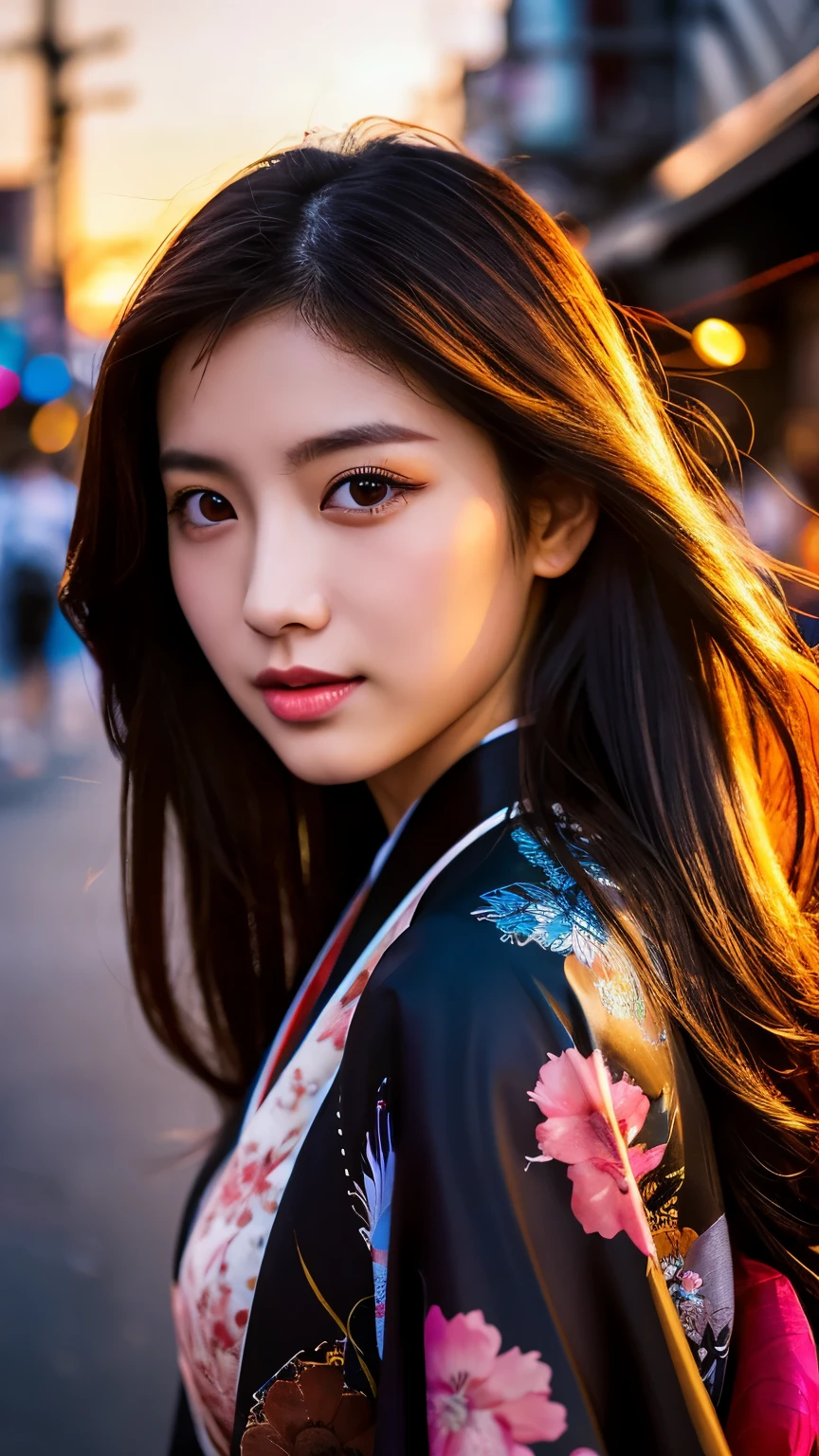Beautiful Japanese supermodel woman, A lock of hair with slight highlights, black eyes, mixed media, Sexy,street background,Gorgeous kimono , Liquid color flows across her face, Sunset,Photo by Wang Luodan,god of wealth