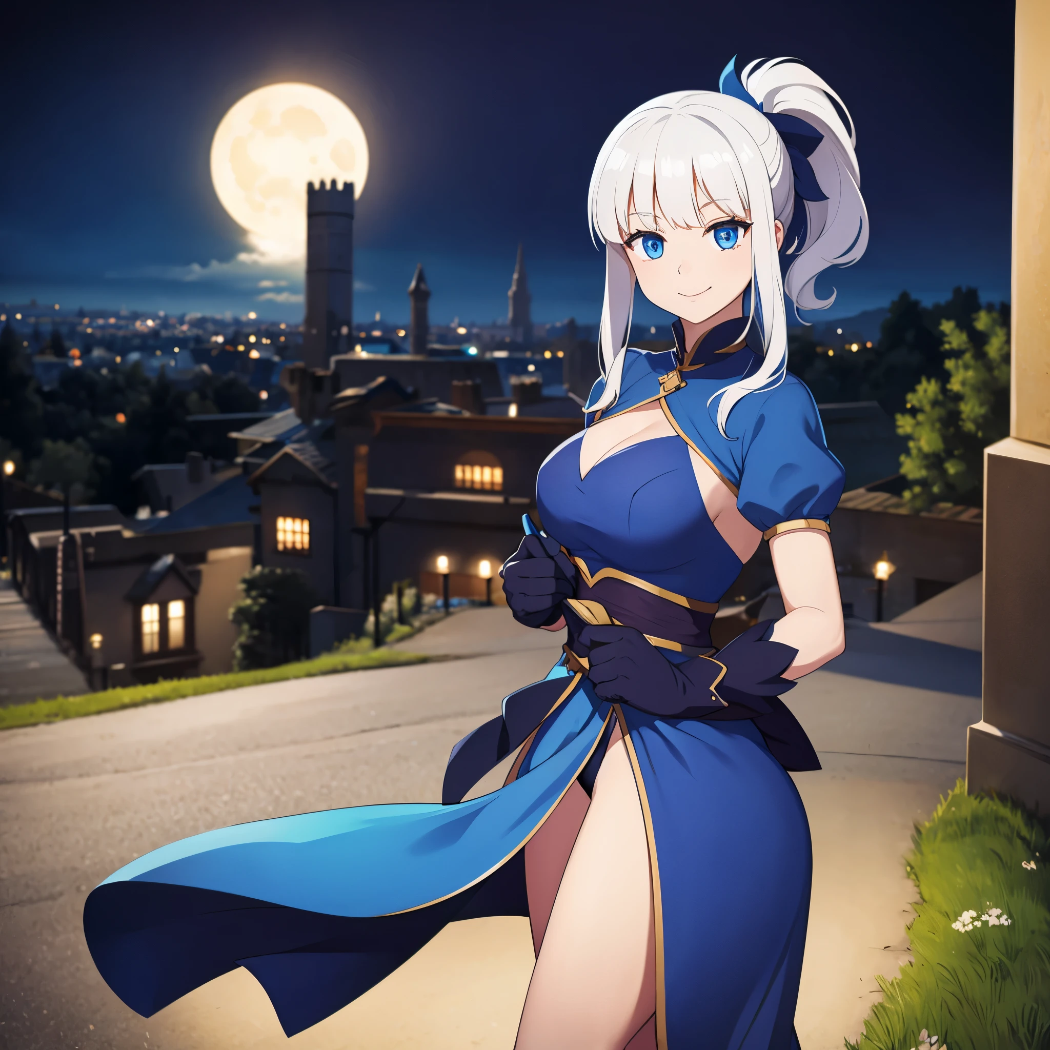 A woman wearing a blue dress, wearing black gloves, white hair with a ponytail, blue eyes, on the top of a large castle, smiling, at night