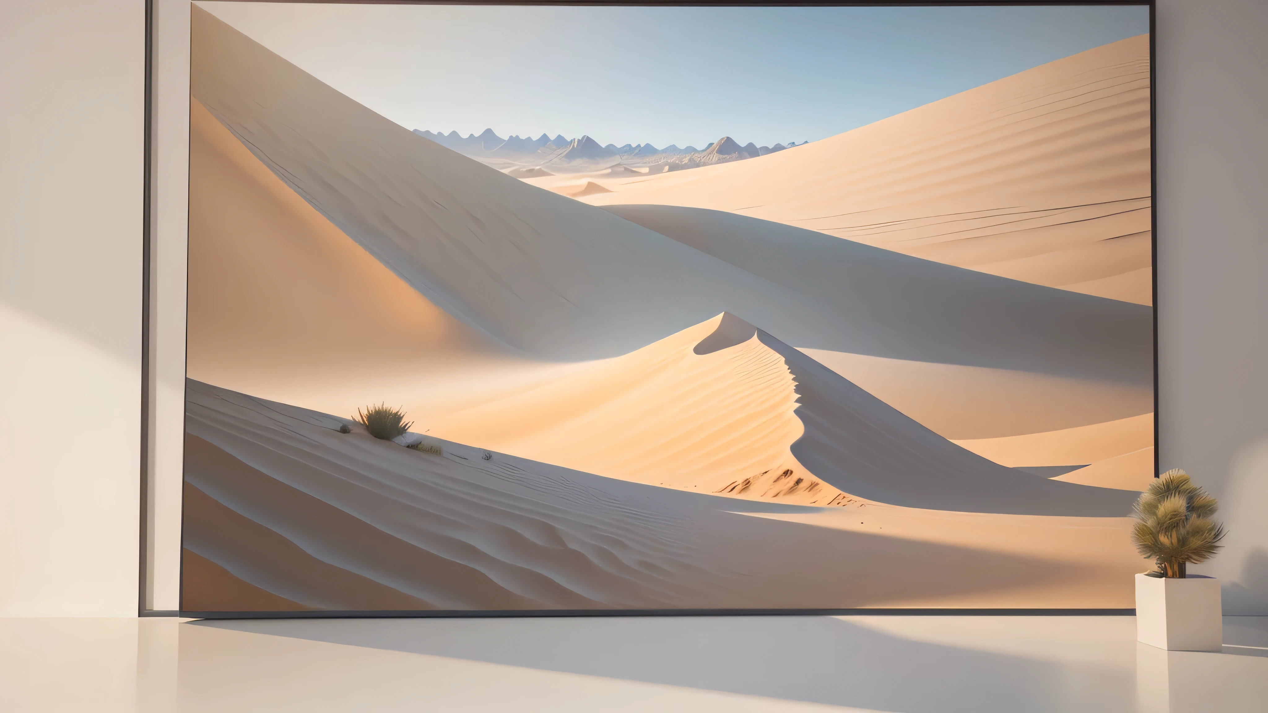 there is a large picture of a desert scene on the wall, 8 k landscape render, rendered in unreal engine 5, 3 d virtual landscape painting, beautiful render of a landscape, 8k matte painting, 8 k matte painting, rendered in rtx, a still of an ethereal, unreal engine 5 environment, 3d landscape, 3 d landscape