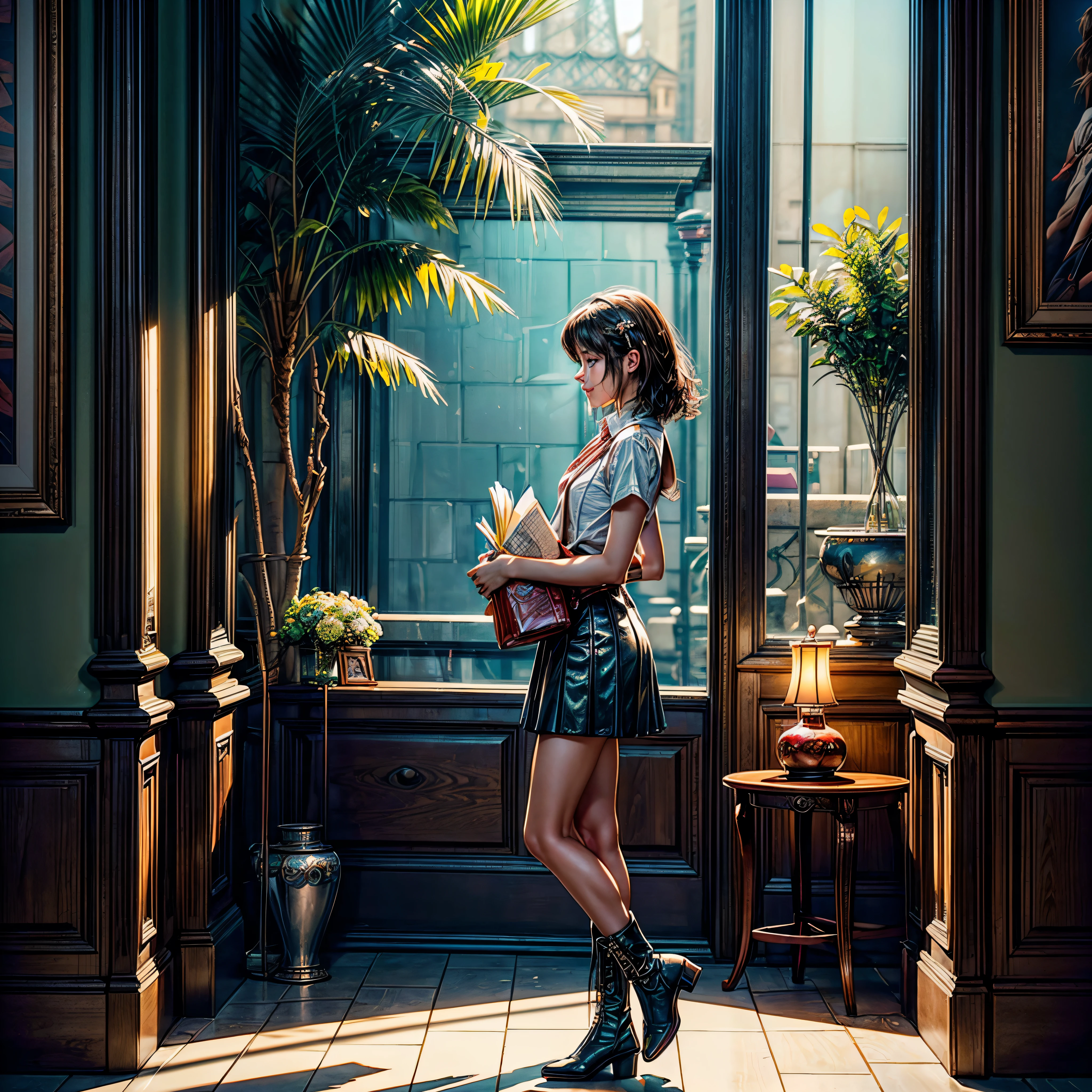 (epic tMasterpiece, ultra highest quality, ultra highest resolution, ultra high-definition, distinct_image, very elaborate CG cinematic_lighting ray_tracing drop_shadows (photorealistic: 1.4), ultra high-quality textures fine-grained realistic face expression): (Epic gorgeous lone girl brown short hair bulb frange gorgeous sparkling eyes, Eye level shot, happy smile, beauty, slim body small size breasts, holiday, own room, console disco, computer, display, keyboard, mouse, long leather skirt, collared shirt, leather vest, handgun holder, carrying leather bag on your back, long boots, antique radio, coffee, model train, bookshelf, spacious yellowchair, Pots, fans, paintings, stuffed animals, ties, notebooks, stationery, vases, photo frames, letters, fountain pens, calendars, lamps, cushions, baskets, mirrors reflecting in profile, candles, telephone, fruit, newspapers, sweets, city Eiffel view outside the window), Pendulum clock frog, varied multi etc. --v6 --s1000 --c20 --q5 --chaos100