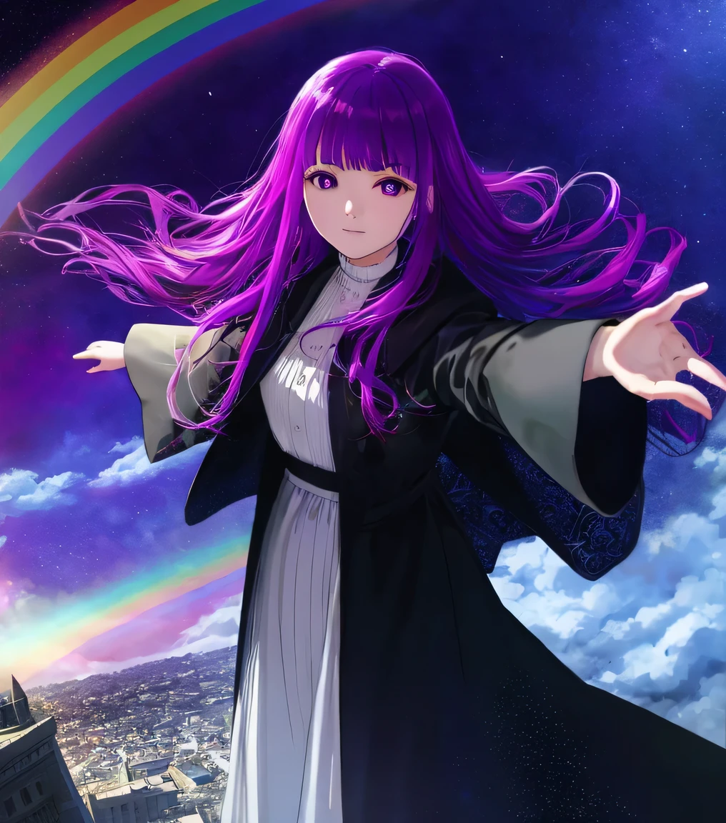 tarot card style, 1 girl, 一人in, portrait , digital illustrined, flowing hair, glowing rainbow hair, night, pastel , looking for in the camera , looking for_in_viewer, ring lighting, rim lighting, purple eyes, dull bangs, trending on artstinion, WLOP, DS Caro 1