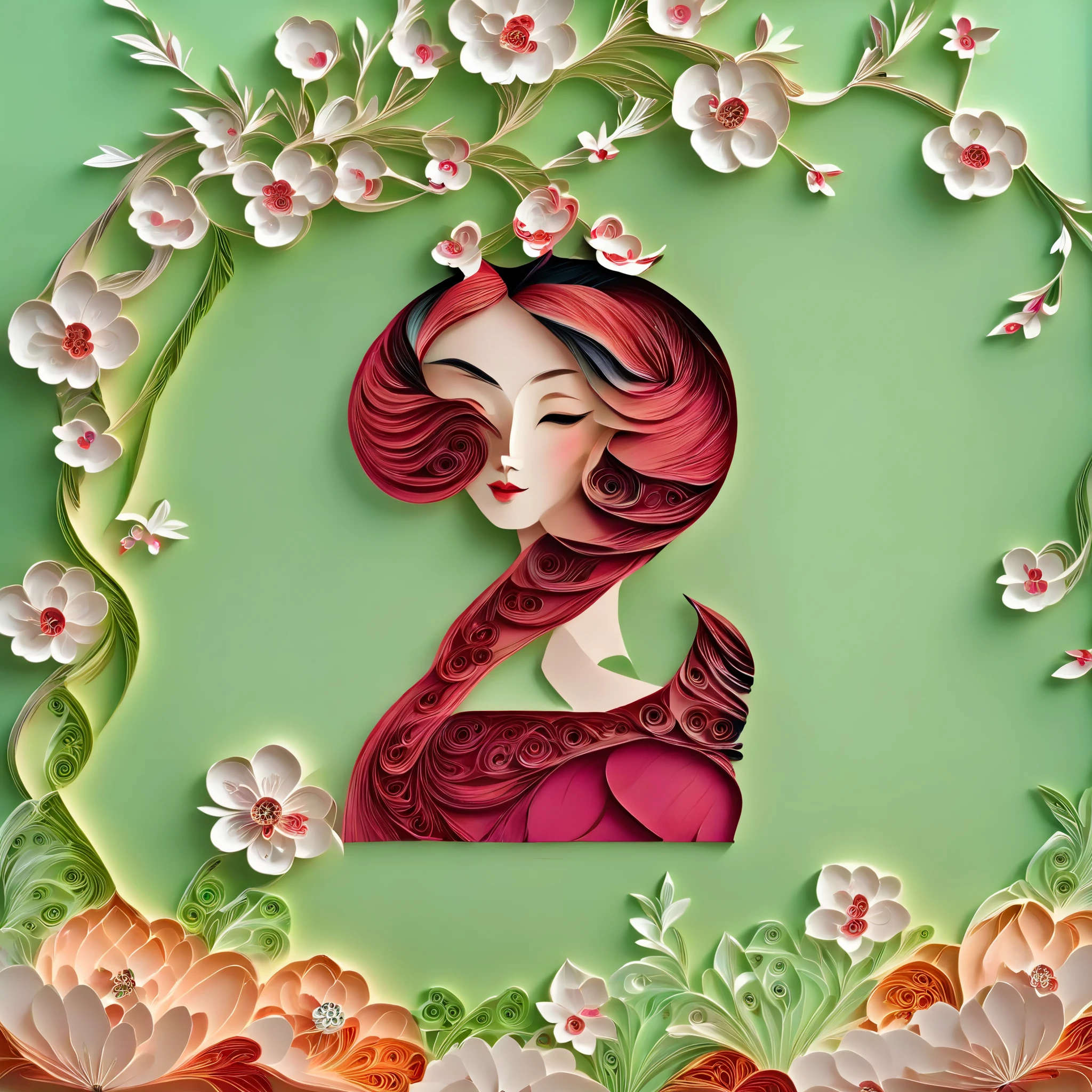 Light Green background,(Beautiful girl,full body,solo,Plum Blossom, Jasmine),(Oriental elements, Chinese color,Very colorful)，(number art, paper art,layered paper art,paper quilling,paper-cut,paper sculpture)