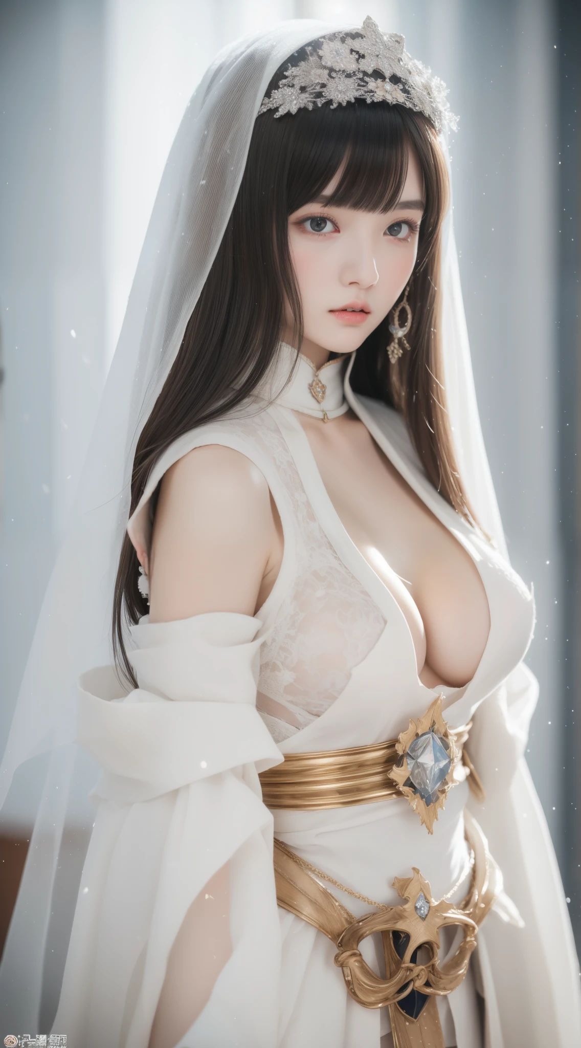 perfect figure beautiful girl:1.4, ars old, cleavage, huge breast Layered Hair Style, (Cleric:1.5), Jewelry Decoration, veil, Highly Detailed Face and Skin Textur, double-edged eyelid, Whiten the skin, long hair,  (background snow plains), diamond dust,