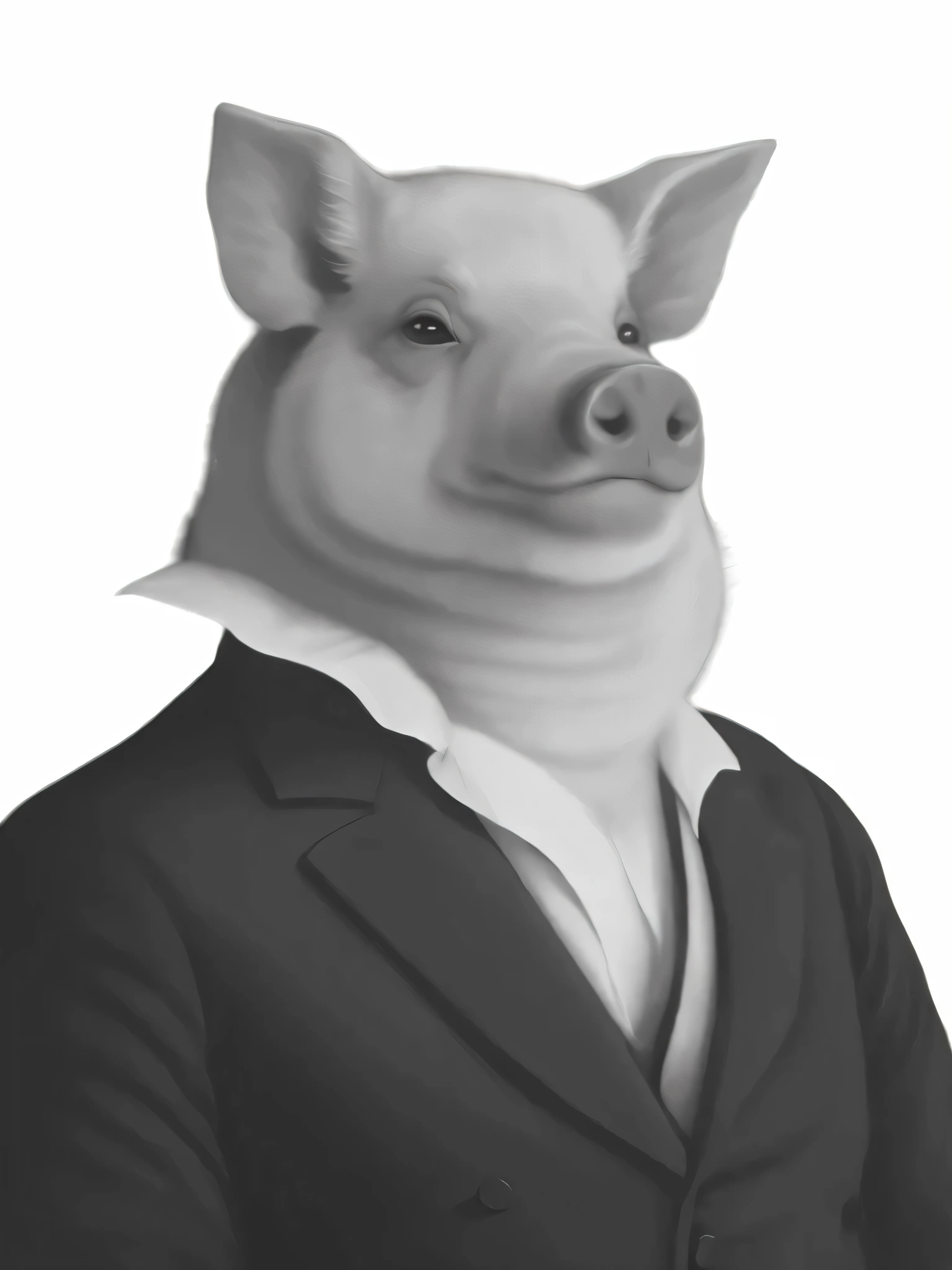 uma foto em preto e branco de um porco vestindo terno, porco em um smoking, cavalheiro, um porco, inspired by Pedro Álvarez Castelló, Homem urso porco, hybrid of pig and nyc policeman, por Thomas Dalziel, Anthropomorphic warrior piglet, Tenente Adam Marczyński, anthropomorphic gangster time