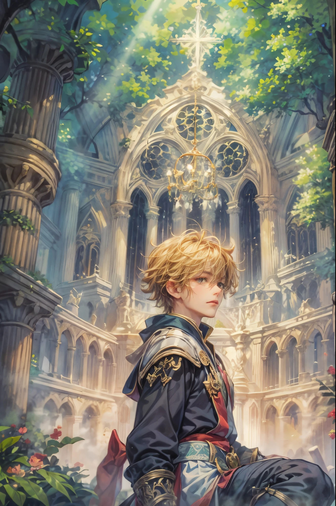 ((Best quality)), ((masterpiece)), (detailed), ((perfect face)), ((halfbody)) handsome face, male, boy, perfect proportions , a character from anime legend of mana teardrop crystal, green short hair, male version , peaceful church of domina scene, detailed church of domina background, detailed ghibli scenery background