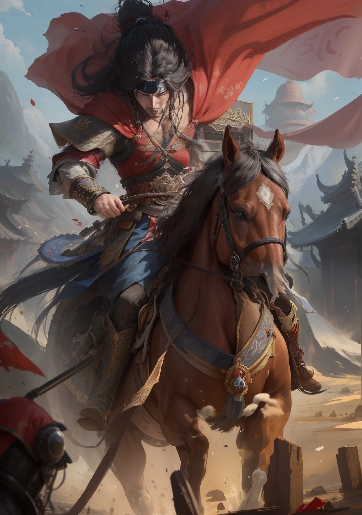Painting of horseman in red cloak, Guan yu, author：Yang Jie, bian lian, xianxia hero, horse warrior, Genghis Khan, Three Kingdoms of China, Persian warrior, by Li Zai, ((4k,masterpiece,best quality)), Ink Bismuth, Chinese traditional ink painting, Hanfu, maxis kit, Dress conservatively 1girl, alone, Long blue hair, Smile, Permanently installed, barefoot,cute girl，bare shoulders，Show collarbone，yandere，Covered in blood，Riding a war horse，Three Kingdoms period，Cao Wei camp，Ancient battlefield of China, Zhao Yun, photo of , author：Huang Shen, author：louis miranda