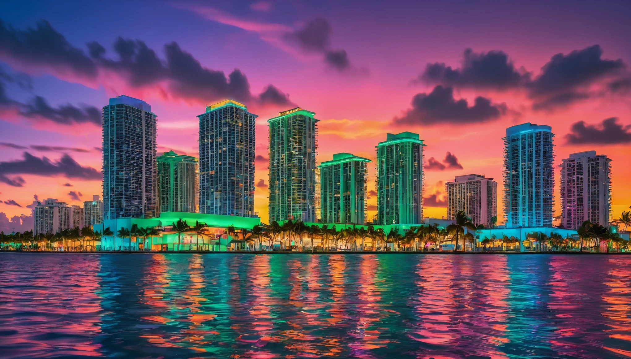 A vibrant Miami cityscape at night, art deco buildings aglow with neon lights reflecting in the rippling waters of Biscayne Bay, palm trees silhouetted against a colorful sunset sky in the style of art deco and Miami Metro. hyper realistic, 8k, vibrant colors, sharp crisp image