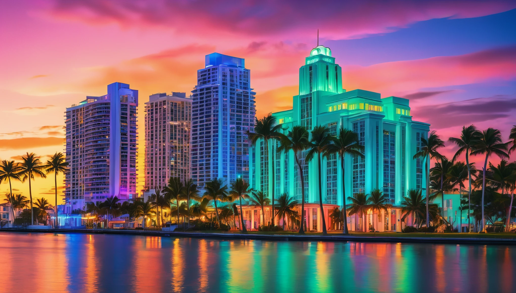 A vibrant Miami cityscape at night, art deco buildings aglow with neon lights reflecting in the rippling waters of Biscayne Bay, palm trees silhouetted against a colorful sunset sky in the style of art deco and Miami Metro. hyper realistic, 8k, vibrant colors, sharp crisp image