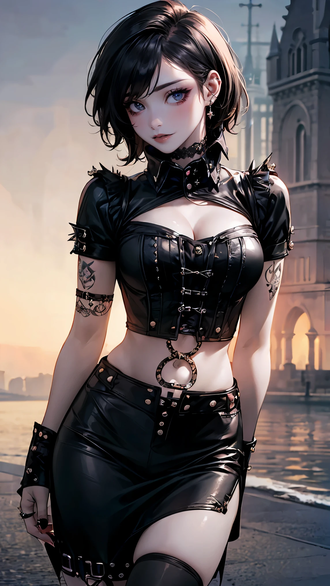 (masterpiece:1.2, highest quality), (realistic, photorealistic:1.4), beautiful illustrations, (natural side lighting, movie lighting),
looking at the viewer, Upper body, (Front view), 1 girl, perfect face, Cute symmetrical face, shiny skin, , long eyelash, (medium breasts:1.5), (wide hips:1.5),short cut hair,
beautiful hair, beautiful face, detailed and beautiful eyes, beautiful body, beautiful breasts, beautiful thighs, beautiful feet, beautiful fingers,
(beautiful scenery),(cute smile:1.3, upper eye), 18yo,pale skin,a woman in black corset and goth hair, with piercings, 1girl, solo, black hair, short hair, ring,(pierce:1.5),(punk style:1.5),(gothic dress),(black lips:1.7),