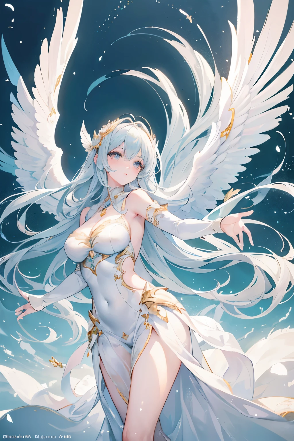 (best quality,4k,8k,highres,masterpiece:1.2),ultra-detailed,(realistic,photorealistic,photo-realistic:1.37),beautiful detailed eyes,beautiful detailed lips,extremely detailed eyes and face,long eyelashestall angelic woman with perfect features, tight-fitting clothes, dressed as an angel,illustration,sparkling colors,glowing halo,ethereal atmosphere,soft and heavenly lighting,airy wings,feather-like textures,flowing white dress,dramatic pose,angelic pose,graceful movement,sunlit garden backdrop,serene expression,majestic aura,subtle wind effects,surrealistic style,sublime beauty,vivid colors,soft pastel hues,dreamlike ambiance