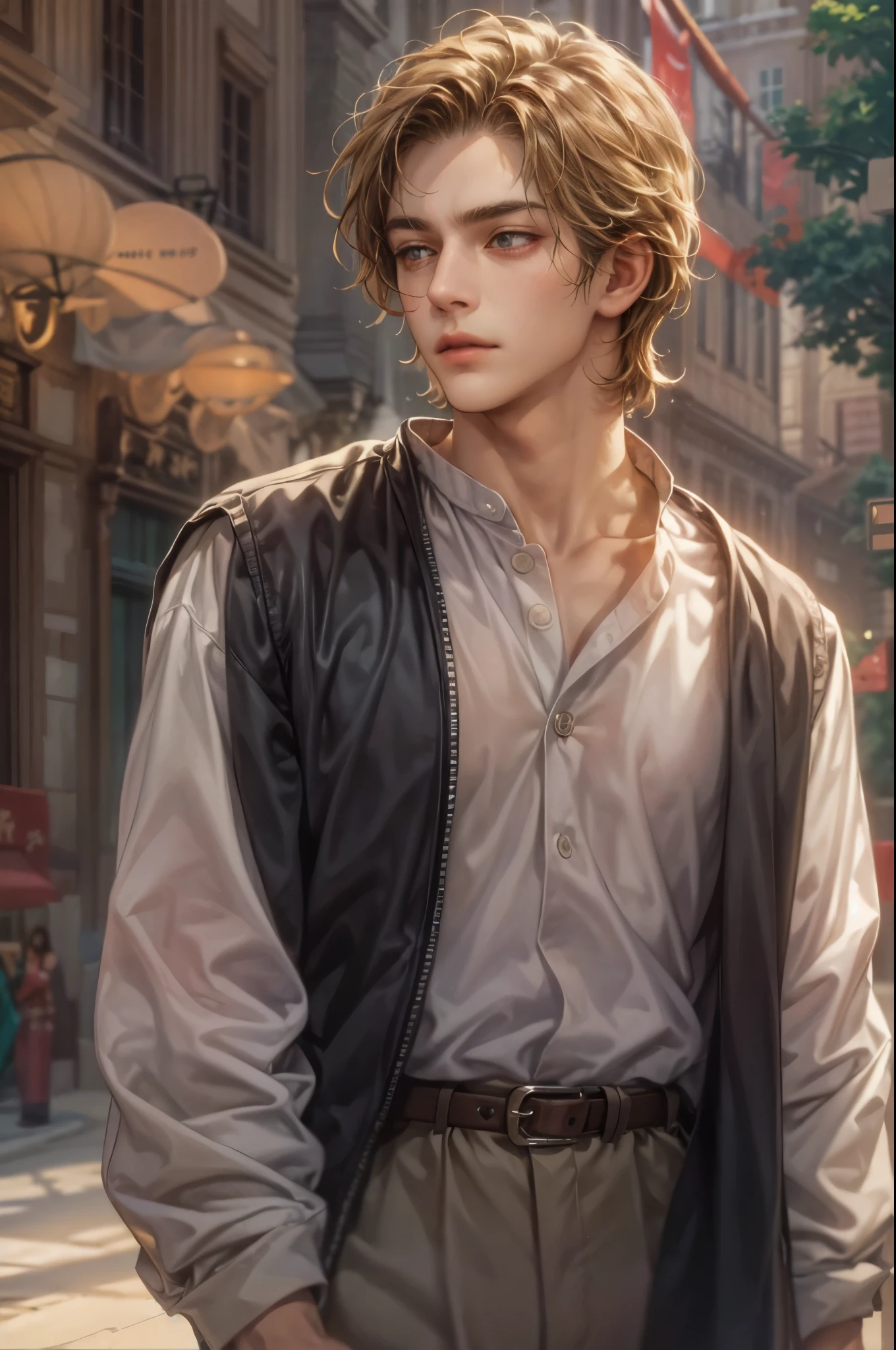 ((Best quality)), ((masterpiece)), (detailed), ((perfect face)), ((halfbody)) handsome face, male, boy, perfect proportions , a character from movie damsel, short hair, male version of the main heroine , detailed background, detailed scenery background