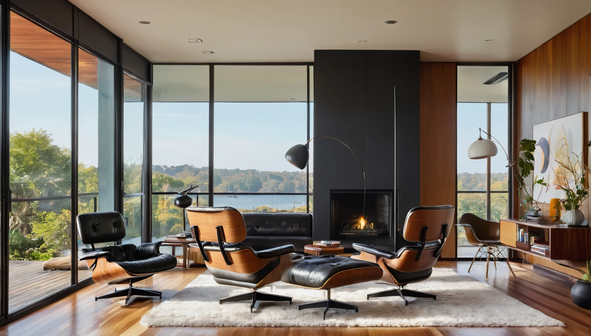 A stunning open concept living room with floor-to-ceiling windows, sleek wooden floors, and iconic mid-century furniture pieces like the Eames lounge chair and Arco lamp, bathed in warm natural light in the style of Mid-Century Modern. hyper realistic, 8k, vibrant colors, sharp crisp image