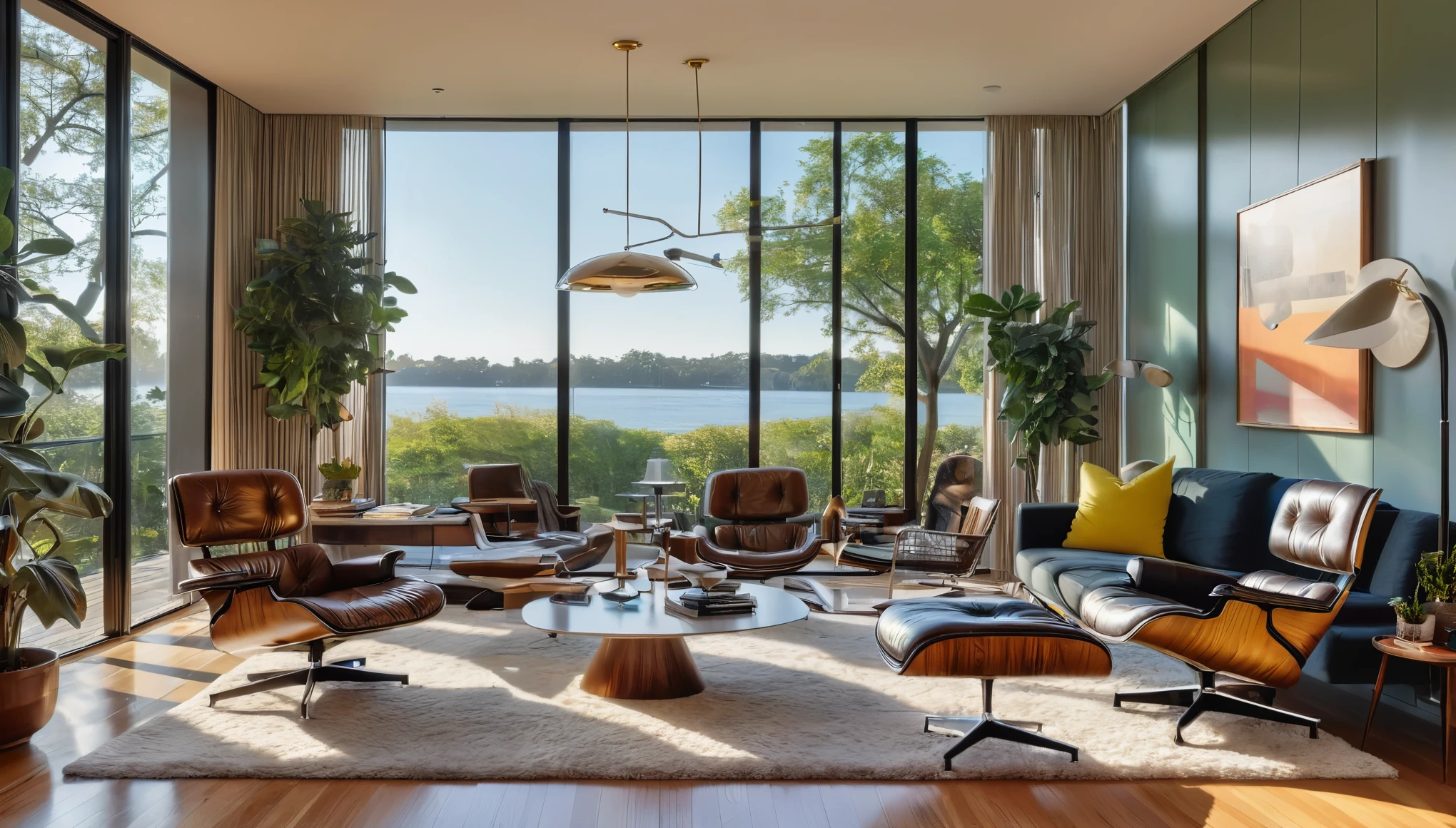 A stunning open concept living room with floor-to-ceiling windows, sleek wooden floors, and iconic mid-century furniture pieces like the Eames lounge chair and Arco lamp, bathed in warm natural light in the style of Mid-Century Modern. hyper realistic, 8k, vibrant colors, sharp crisp image
