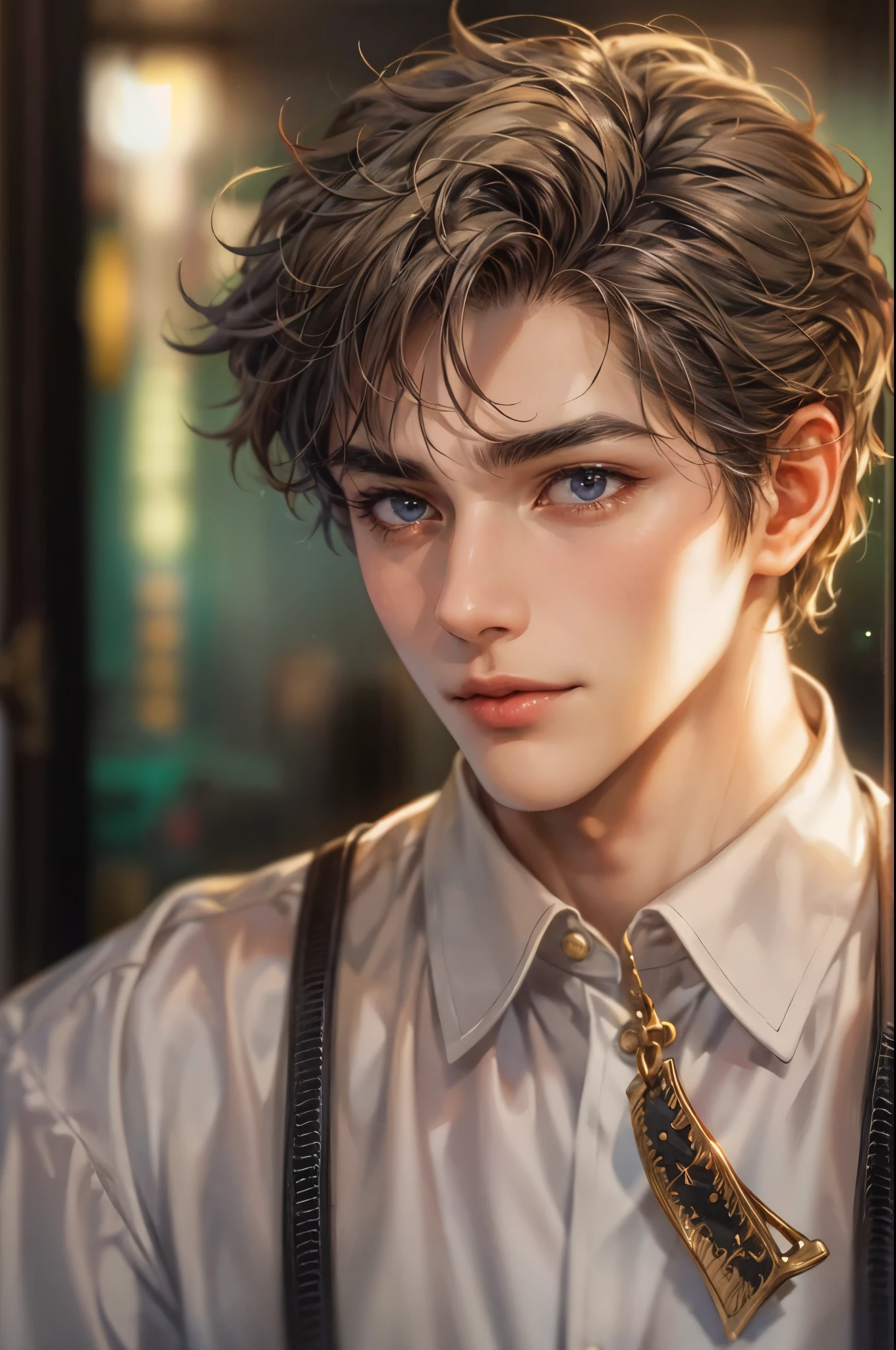 ((Best quality)), ((masterpiece)), (detailed), ((perfect face)), ((halfbody)) handsome face, male, boy, perfect proportions , a character from movie damsel, short hair, male version of the main heroine , detailed background, detailed scenery background