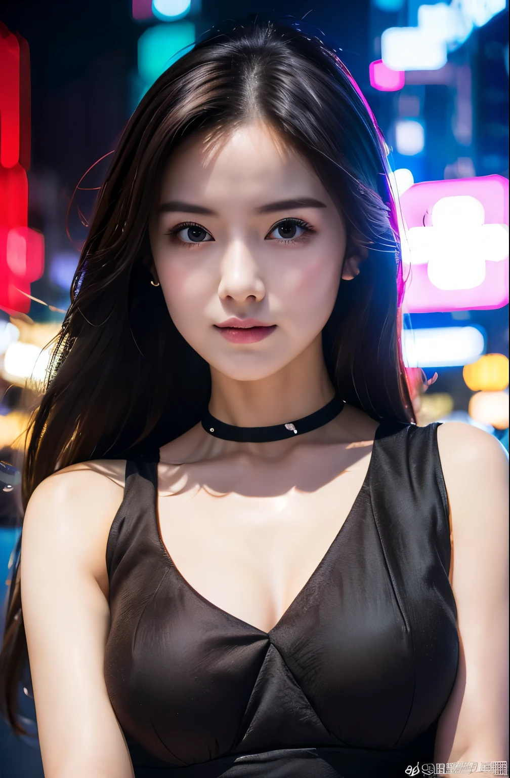 Best quality at best, tmasterpiece, A high resolution, 1个Giant Breast Girl,Chinese dress,hair adornments,choker necklace, jewely,pretty face,above_body, dingdall effect,realisticlying, dark studio, edge lit, two color lights,(highdetailskin:1.2), 8k ultra high definition, SLR camera, gentlesoftlighting, high qulity, Volumetriclighting, Frankness, photore, A high resolution, 4K, 8K, bokeh, .Jinstyle, buliding