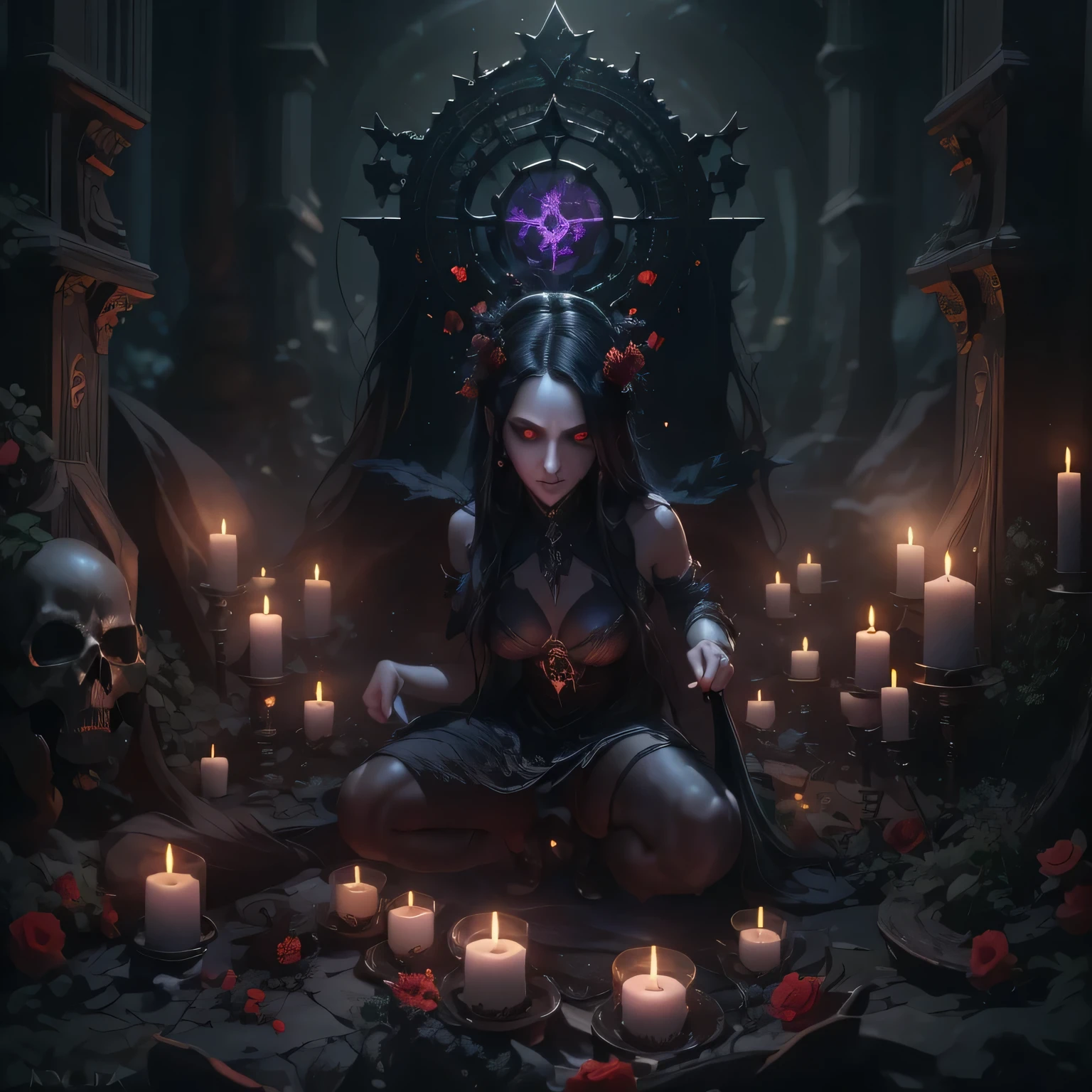 Generate an image of a necromancer standing in the center of a dark and foreboding location. The necromancer's eyes must have a completely white iris, level of detail 1.2. Your face should display a mixture of sensuality and demonic expression. The necromancer's skin should be pale and dead, contrasting with the dark environment. Around the necromancer is a gloomy landscape of rotting and dismembered bodies rising from the earth, souls of the dead and candles light up the symbols of dark magic, level of detail 1.2. The atmosphere must be charged with dark magic, causing visual distortions and creating a frightening and sinister scene, level of detail 1.2. The final image must be created in CGI and Unreal Engine, with a soft focus effect. The image should not be based on a specific photograph, but should look realistic. The image composition should evoke a sense of technology and high-quality craftsmanship, reminiscent of a masterpiece of illustration and CG art. The composition must include elements of unity, wallpaper and official art. The final image must present fine details, extreme delicacy and beauty, with sharp focus and a high level of detail. The construction of the image must be procedural, based only on the information provided in this text.