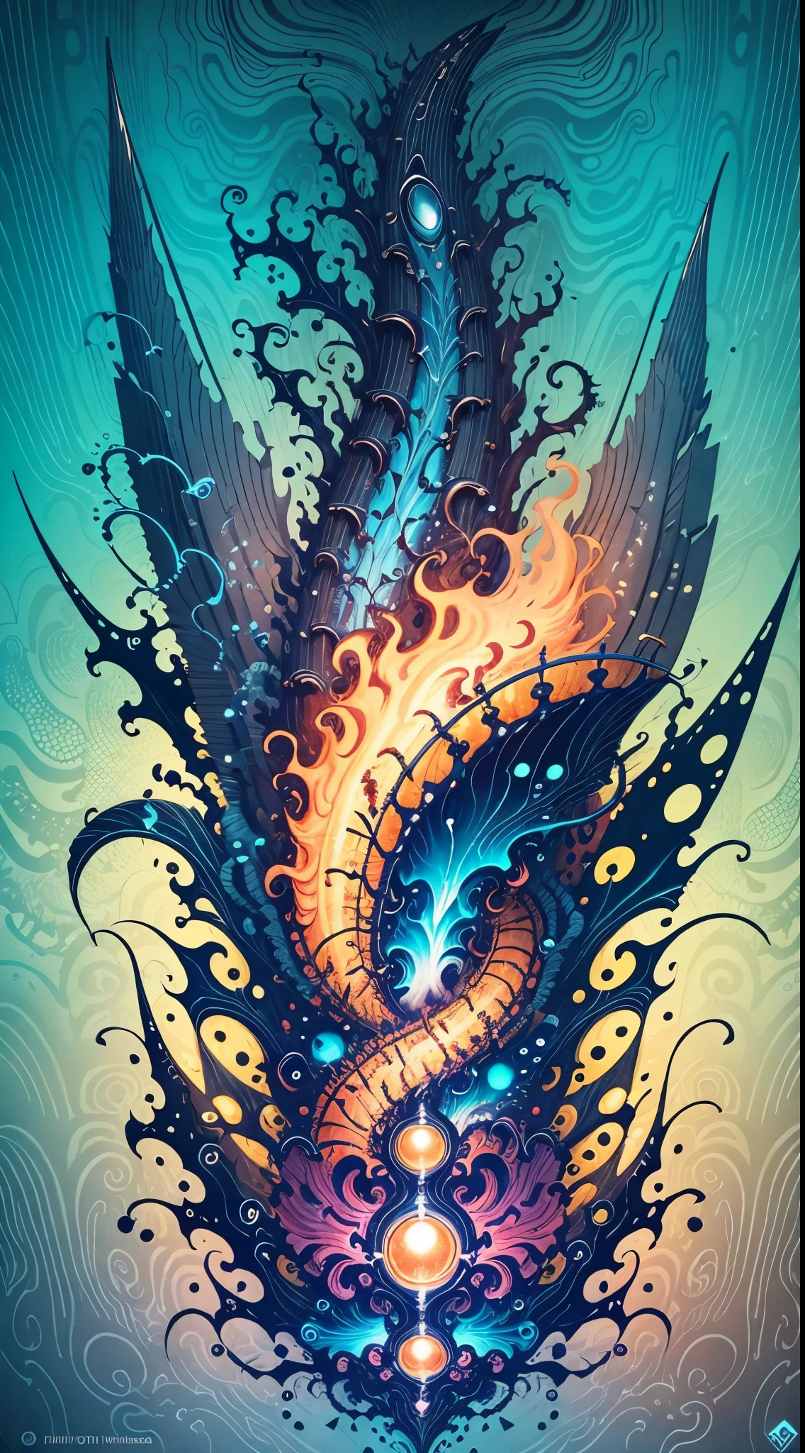 explosives, Decorated with chaotic Subnautica motifs、Otherworldly paintings of omnipresent shape-shifting gods, sharp eyes, A breathtaking fusion of fine art and mesmerizing photo collage, mesmerizing poster design:: their appearance is、It exuded the mysterious charm of minimalism of marine life fused with the chaos of space.。:: --at 9:16 --s 963 --c 9 --q 2 --v 5