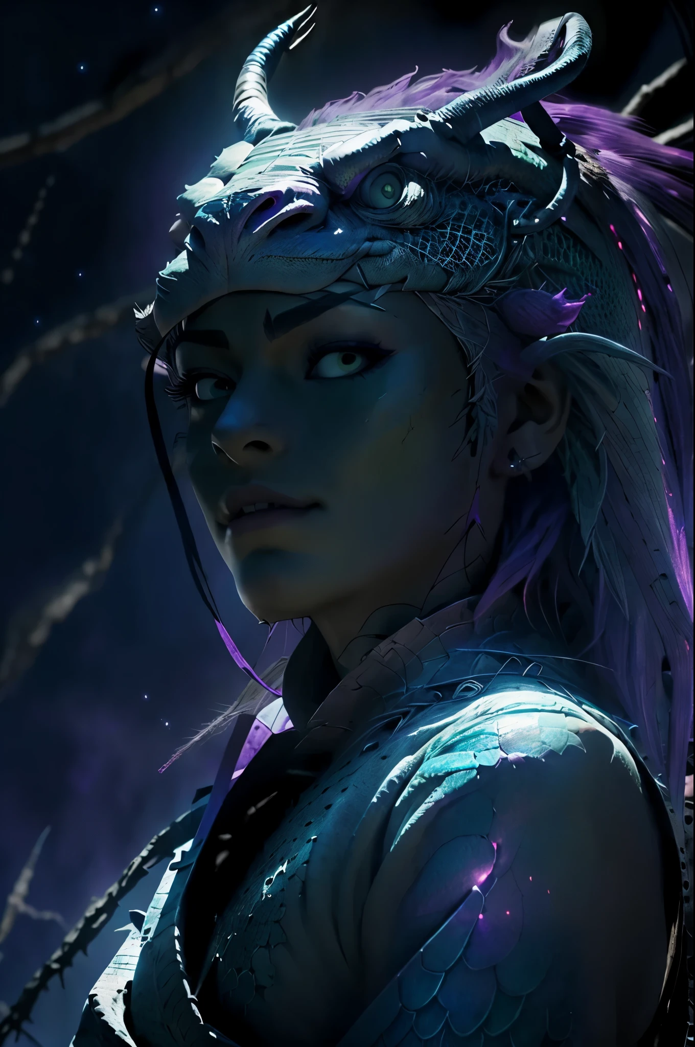Dragons body, covered in scars, purpled lightening, left eye scared closed, scales shimmer under a full moon