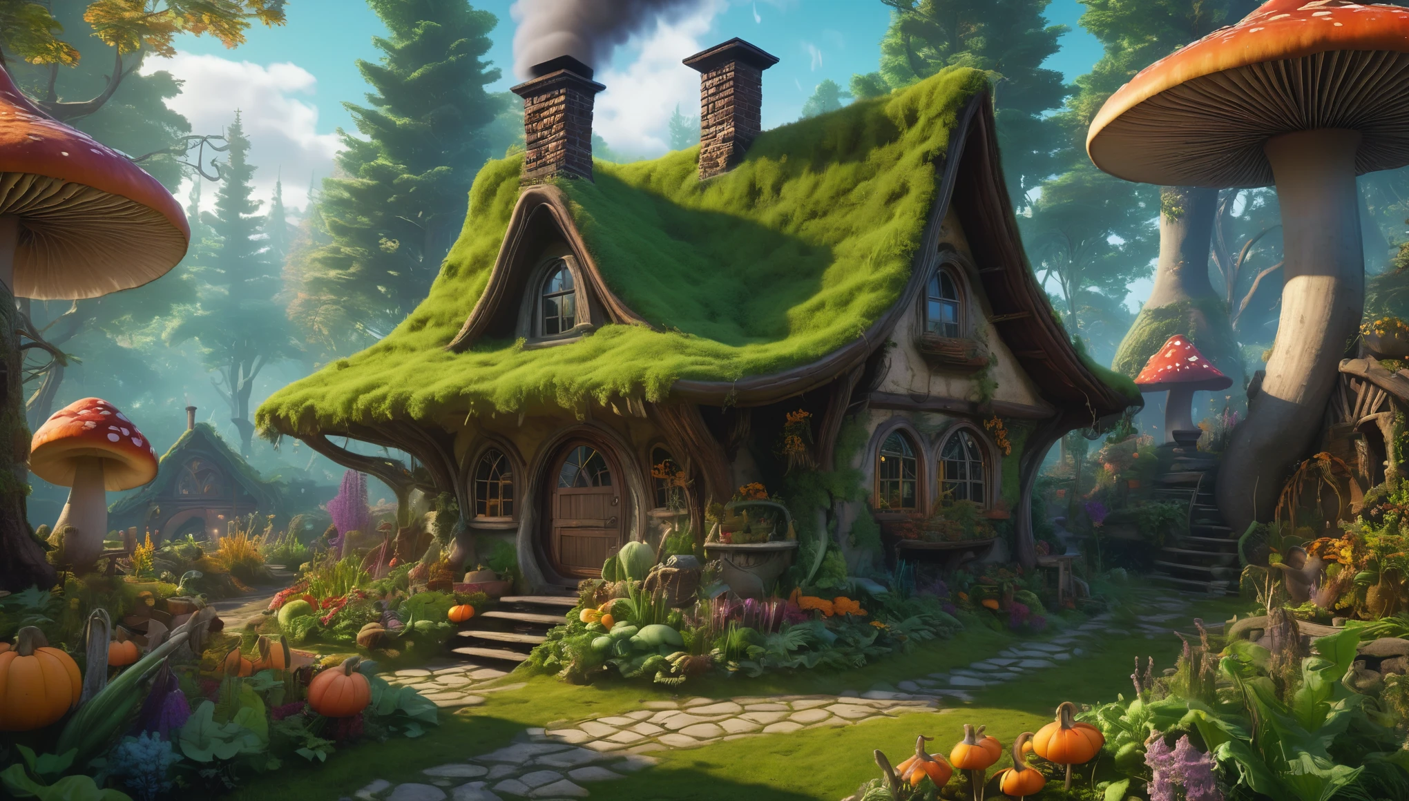 A cozy witch's cottage deep in a fantastical forest, complete with a bouncing mushroom roof, swirling smoke from the crooked chimney, and a well-tended garden of bizarre gigantic vegetables style of Milipili. hyper realistic, 8k, vibrant colors, sharp crisp image