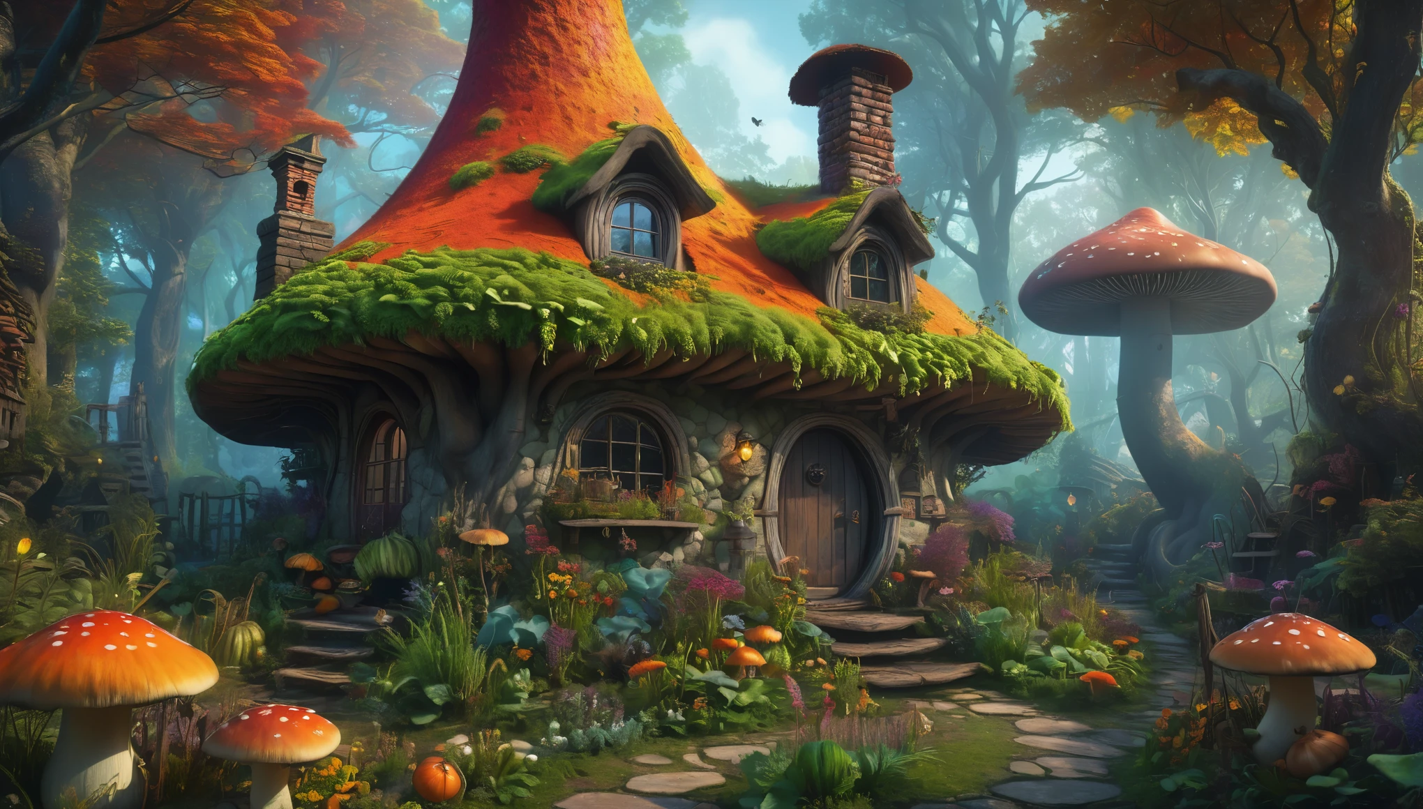 A cozy witch's cottage deep in a fantastical forest, complete with a bouncing mushroom roof, swirling smoke from the crooked chimney, and a well-tended garden of bizarre gigantic vegetables style of Milipili. hyper realistic, 8k, vibrant colors, sharp crisp image