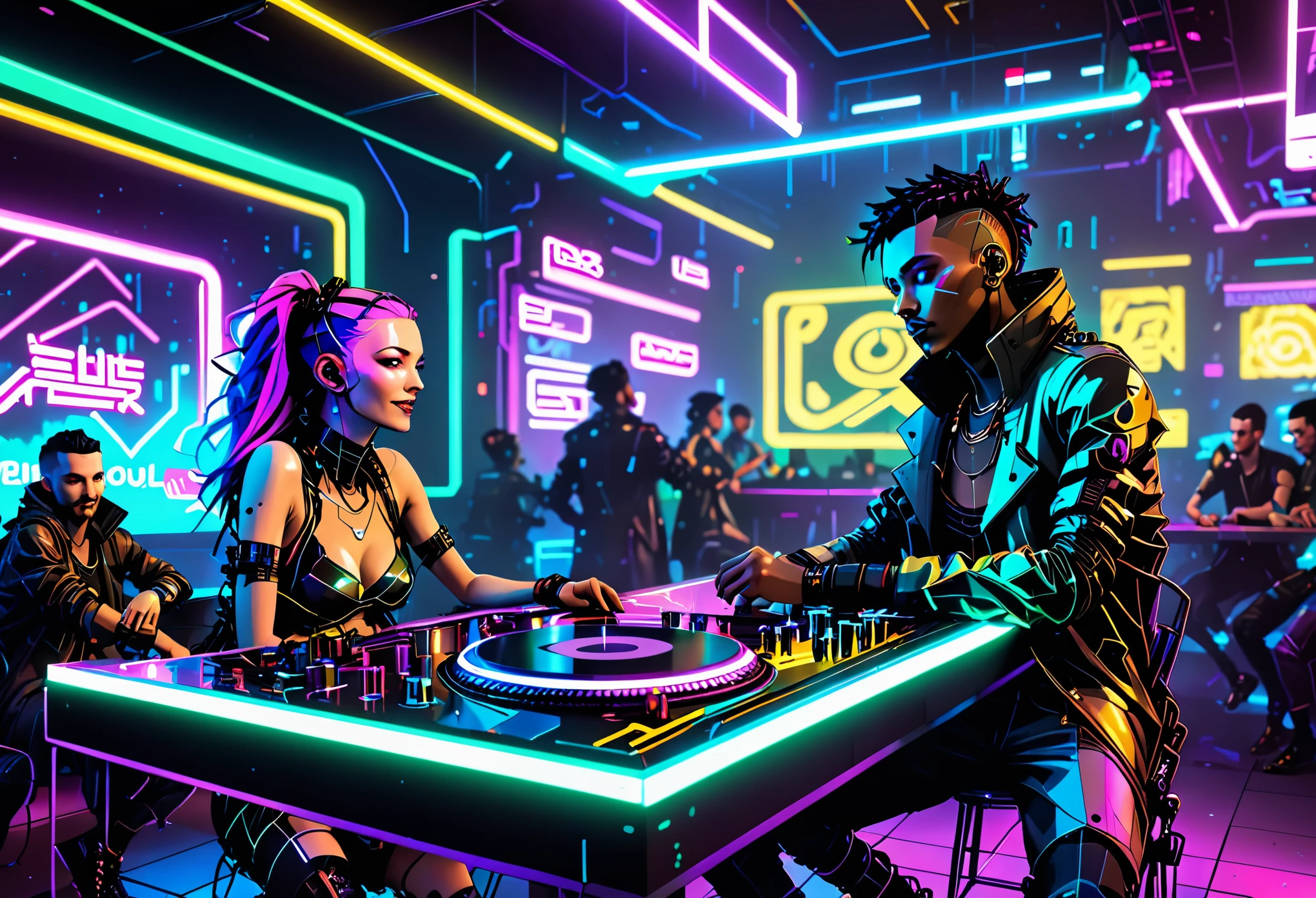 ultra detailed, (cyberpunk friends: 1.4, in a discotheque: 1.4, sitting at a table enjoying with friends, in the background people dancing and having fun, disco lights, dark environment, with monitors and neon lights everywhere: 1.4), (absolute darkness: 1.6, neon light: 1.5), (cyberpunk: 1.3), (ultra detailed and beautiful: 1.3), ((Best quality)), ((Masterpiece)), (highly detailed: 1.3) , 3D, beautiful, luminous particles:1.4, 32k