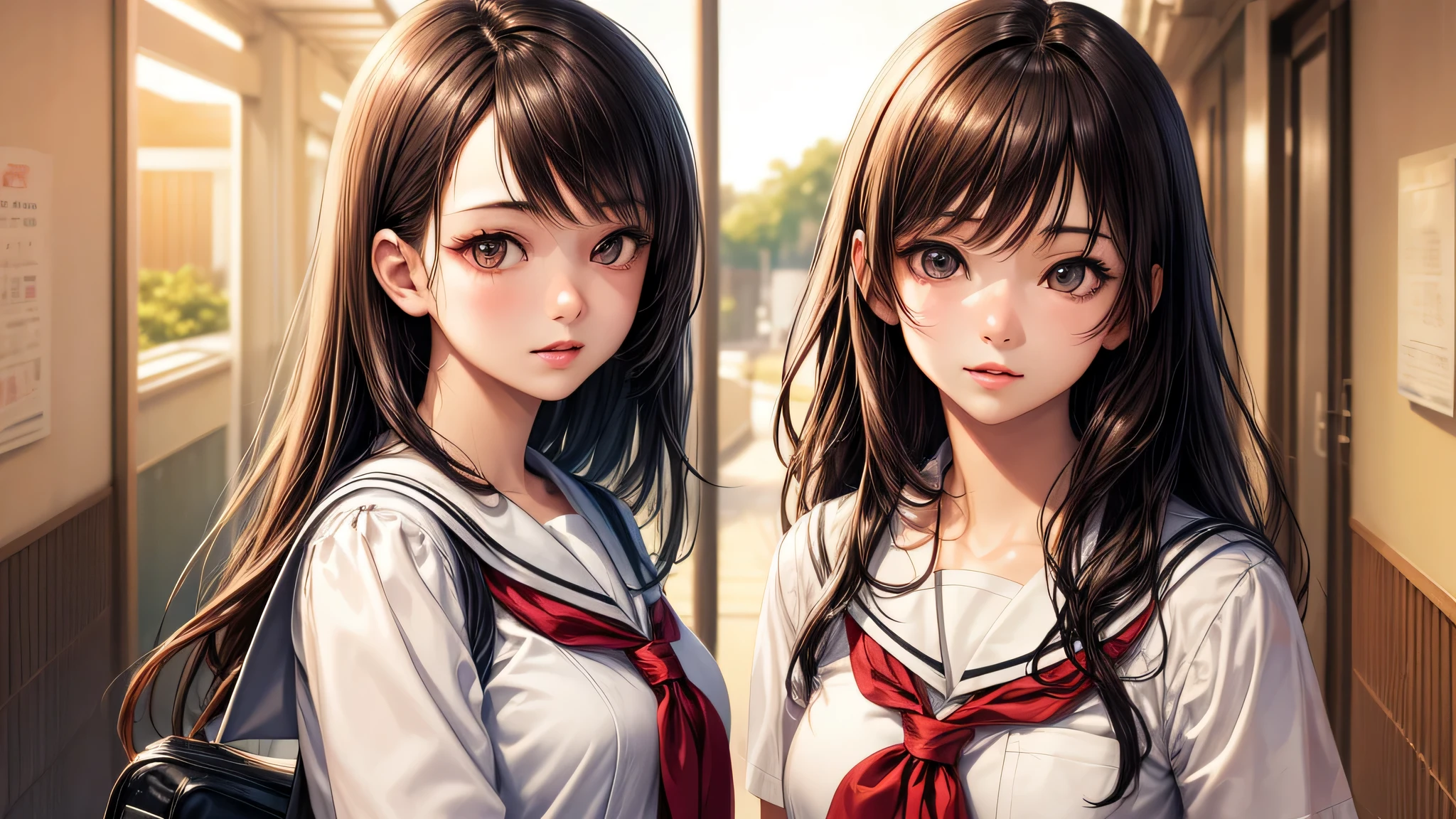 (1girl), brown eyes, air bangs, (highly detailed eyes, highly detailed face), (hyper-realistic, hight resolution), (best Quality:1.4), (high school uniform, pleated mini skirt:1.2), model, Enchanting, Japanese girls school, Japanese girls school hallway, The setting sun shining through the school hallway, anime illustration,