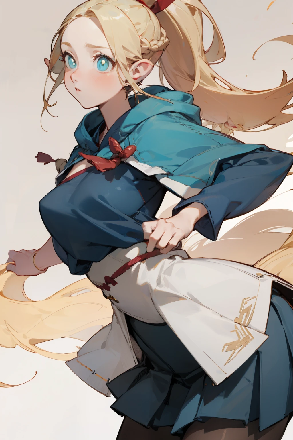 pantyhose,pleated skirt,white top,Chinese style,Hanfu, fashion clothing,long blonde hair, bust and waist,beautiful blonde,(masterpiece),high ponytail,((best quality)),(super detailed),(beautiful eyes beautiful details,Clean and delicate face),High heel,whole body
