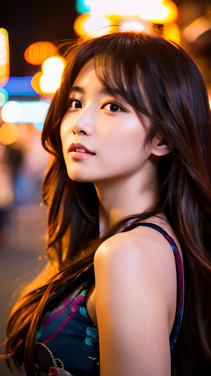 Beautiful Japanese supermodel woman, A lock of hair with slight highlights, black eyes, mixed media, Sexy,street background,Gorgeous kimono , Liquid color flows across her face, Sunset,Photo by Wang Luodan,god of wealth