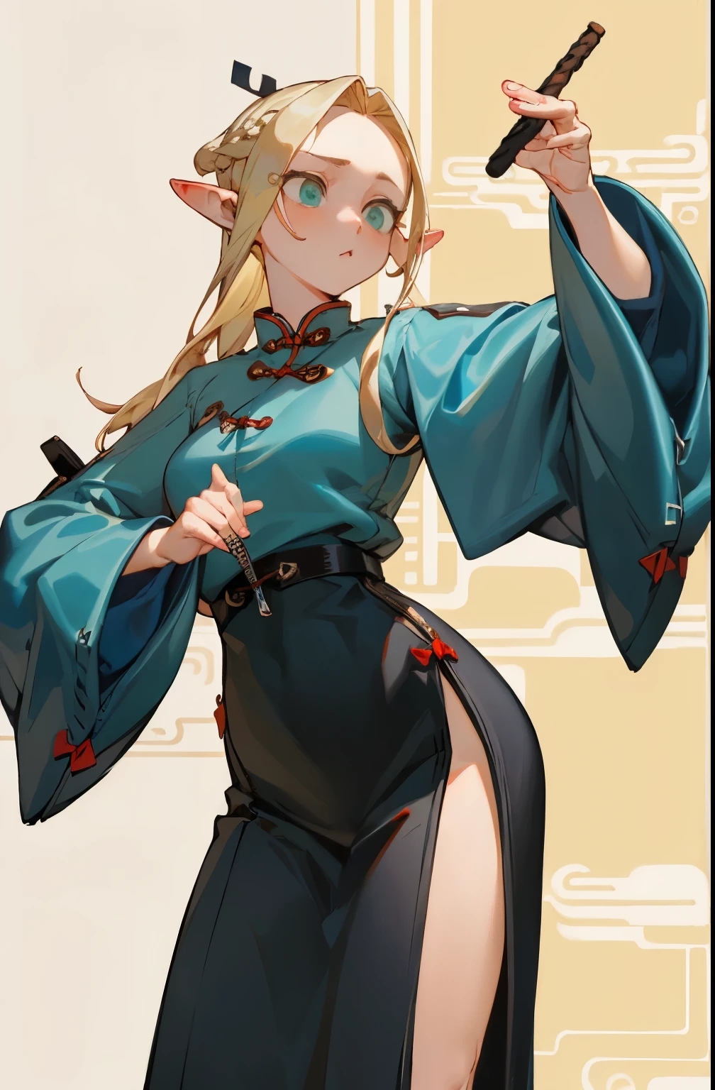 (masterpiece, best quality) detailed, Wearing black leggings, silver accessories , zipper unzipped , blonde ,elegant, pointed ears ,Chinese style,Hanfu,whole body