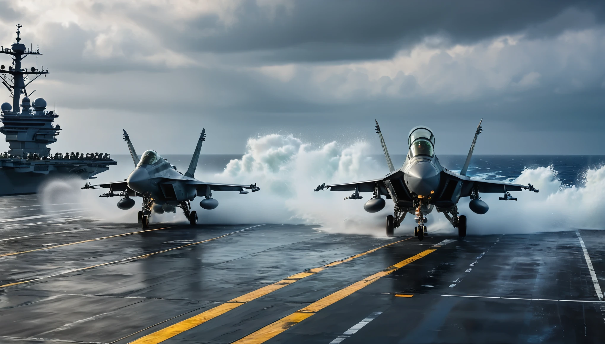 A dramatic scene on an aircraft carrier's flight deck as fighter jets take off and land in a hurricane of water spray, the crew sprinting across the deck amidst the deafening roar of jet engines style of Military. hyper realistic, 8k, vibrant colors, sharp crisp image