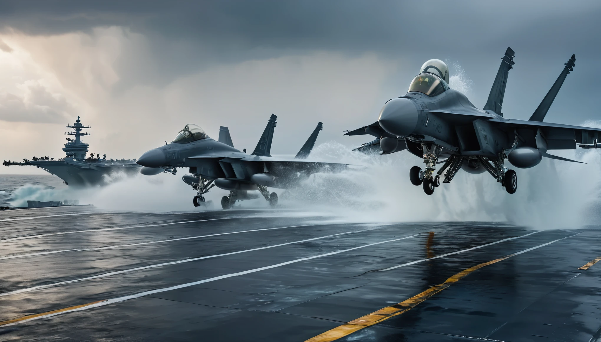 A dramatic scene on an aircraft carrier's flight deck as fighter jets take off and land in a hurricane of water spray, the crew sprinting across the deck amidst the deafening roar of jet engines style of Military. hyper realistic, 8k, vibrant colors, sharp crisp image