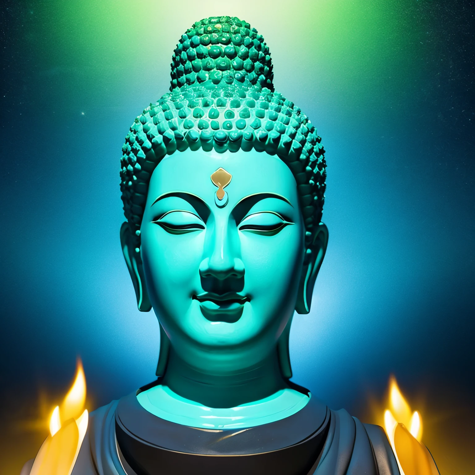 Anime style 3D design、Great Buddha using blue and green、Face clearly visible、My eyes are wide open、