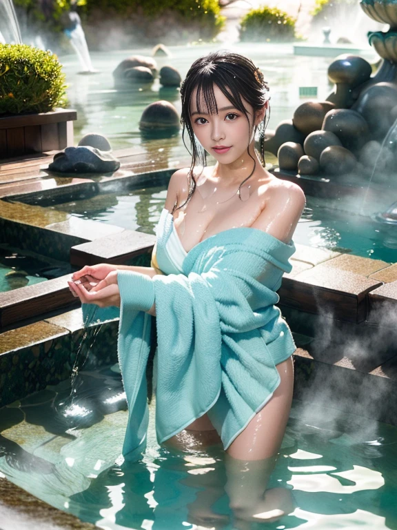(masterpiece), (best quality:1.4), Ridiculous, [:intricate details:0.2], 1 girl, (naked towel), (fountain, hot spring:1.2), hydrated skin, (FOG:1.2), mist, skin shiny, Glowing skin, (partially submerged in the hot spring:1.2), (wet hair:1.2), mist, wet, moisture,