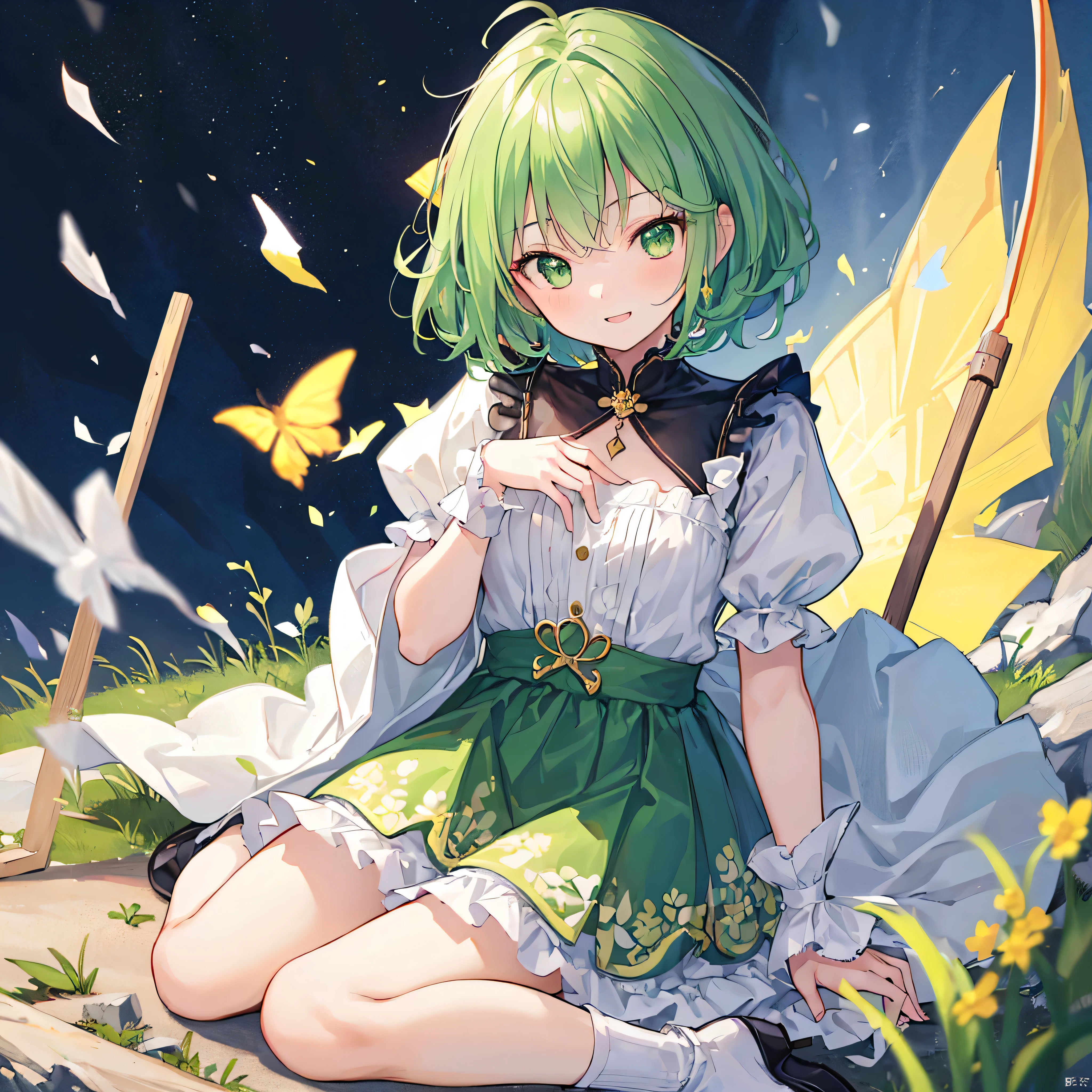 (highest quality:1.5), (masterpiece:1.5), (High resolution:2.0)、beautiful girl alone、cute、、small breasts、sit on top、(laughter)、(green eyes)、(eye details)、shining eyes、(green hair)、short hair、Metal hair clipper、(white dress)、black patterned clothes、green frill、long sleeve、black boots、Golden petals sparkling in the wind、darkness、Take-out、nature、grassland、one arm is in front of you、full body shot、Glowing white stone