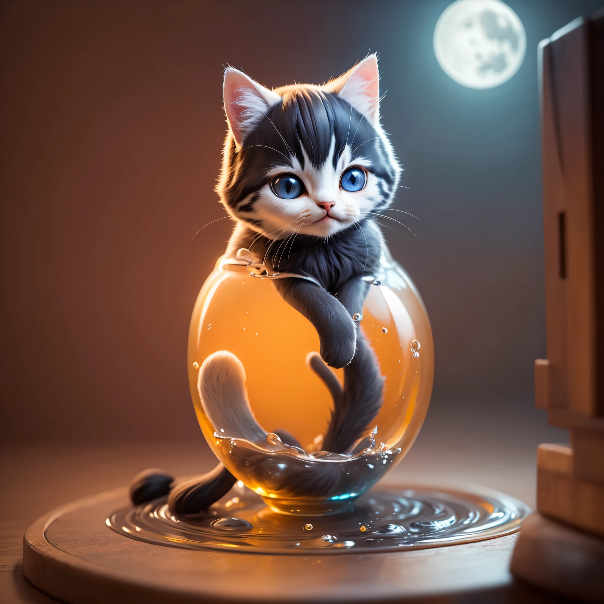 splash art, Cute kitten with liquid made of colors, 非常にdetailed、Complex、detailed, Fantastic, Complex細部, complementary color, fantasy, concept art, In 8K resolution, moonlight